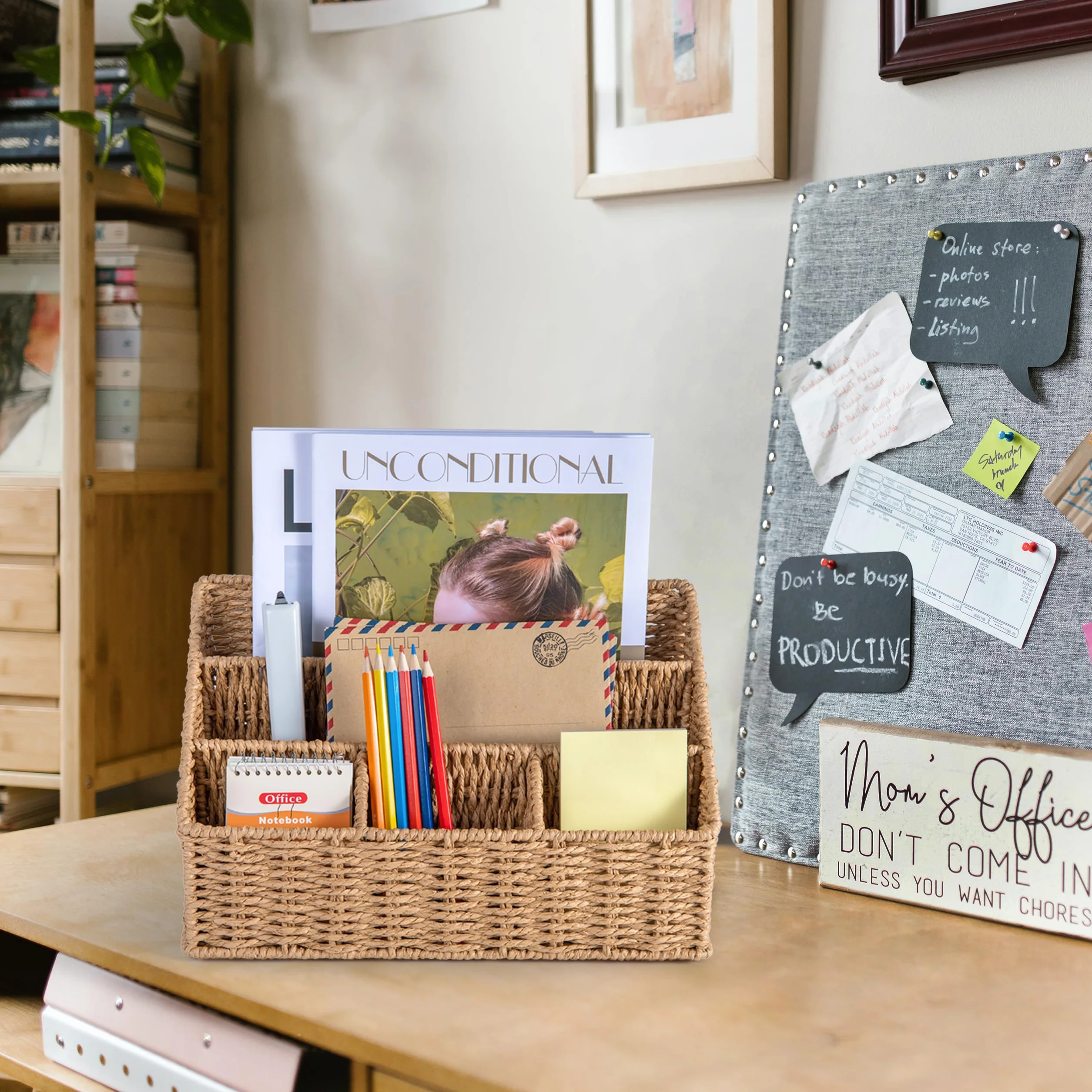 DINGTAI Organizer da scrivania in rattan, supporto per posta da tavolo, 5 scomparti, cestino da bancone, forniture per ufficio in rattan, accessori da scrivania in vimini, organizer da scrivania in