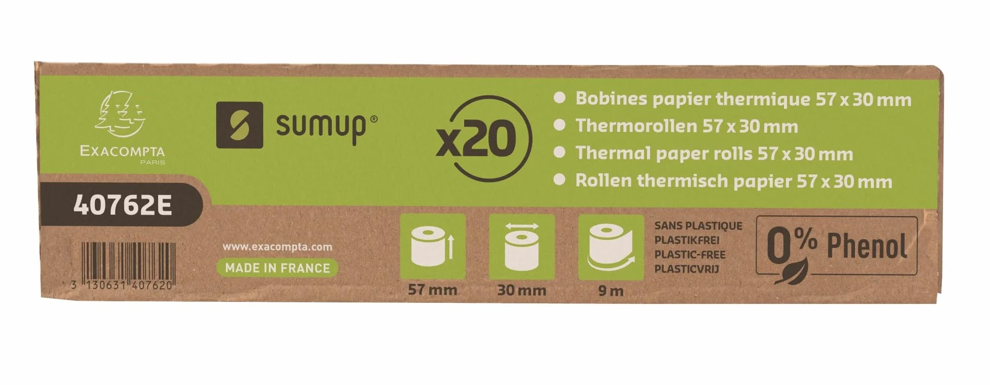 Exacompta SumUp Scatola 20 rotoli carta termica 55 g/mq 57x30mm senza fenolo bianco