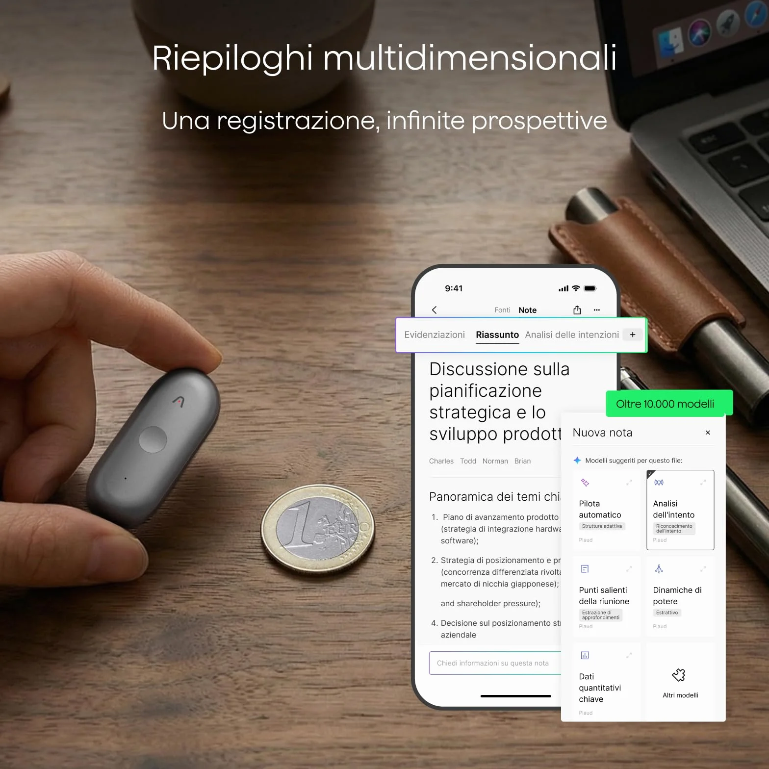 Plaud NotePin S Registratore Vocale AI Pulsante di Registrazione Tattile Audio Digitale Trascrizione Riepilogo Appunti Per Professionisti Riunioni Lezioni con 4 Accessori, Team Plan, Grigio