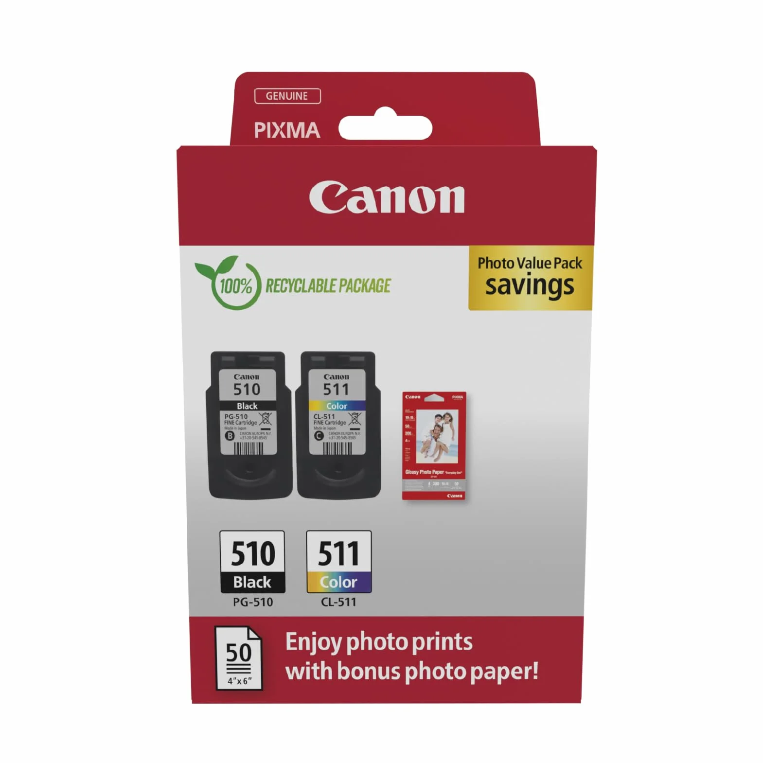 Canon Multipack Cartuccia & Carta Originali PG-510/CL-511 2 Cartucce 50 Fogli 4x6