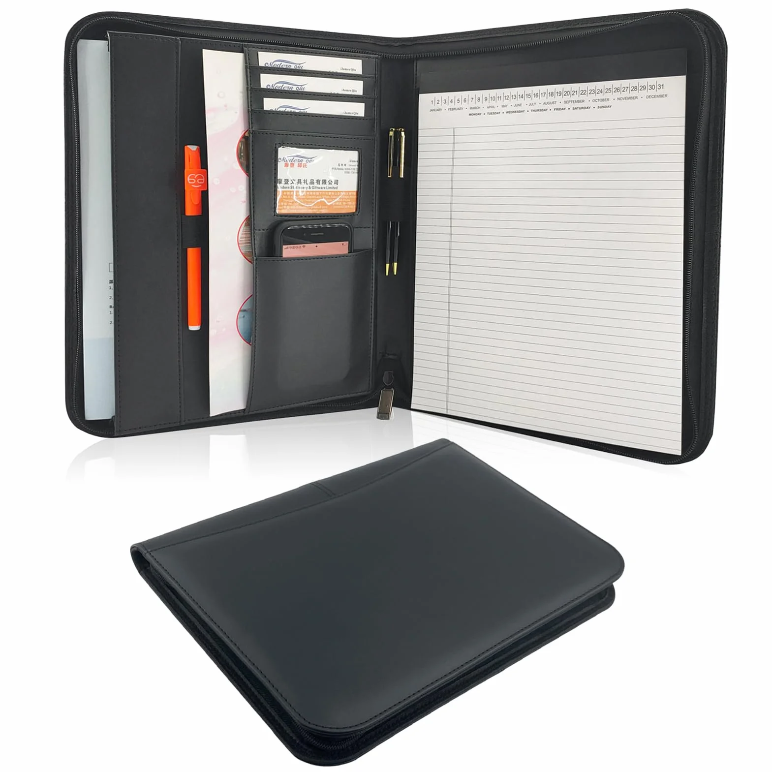 Bisofice Cartella Portadocumenti A4 in Pelle con Cerniera, Organizzatore con Portablocchi e Multi Tasca