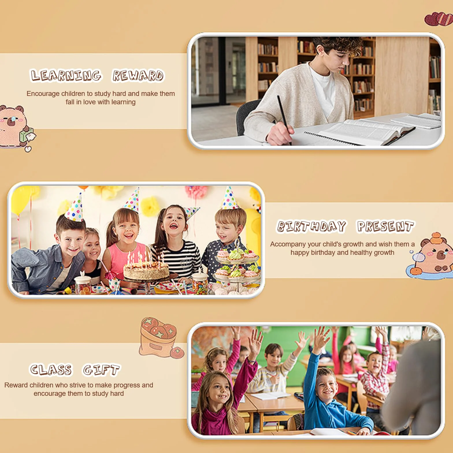 Set di Cancelleria Capibara, Forniture per Ufficio e Scuola Astuccio Capibara con Accessori Penne Cancellabili,Segnalibri Block Notes Adesivi Badge Regalo per Ufficio Scuola Studenti Bambini