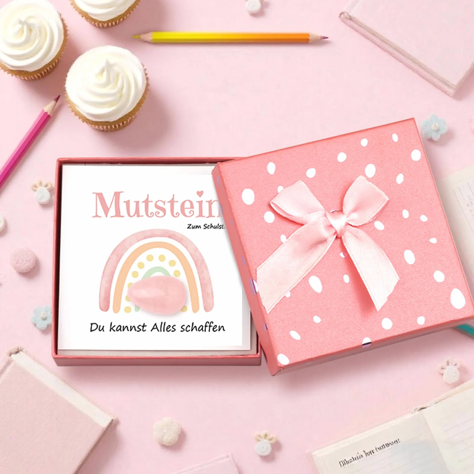 Mutstein Pietre portafortuna regalo inizio scuola 2026 con biglietto auguri confezione regalo rosa