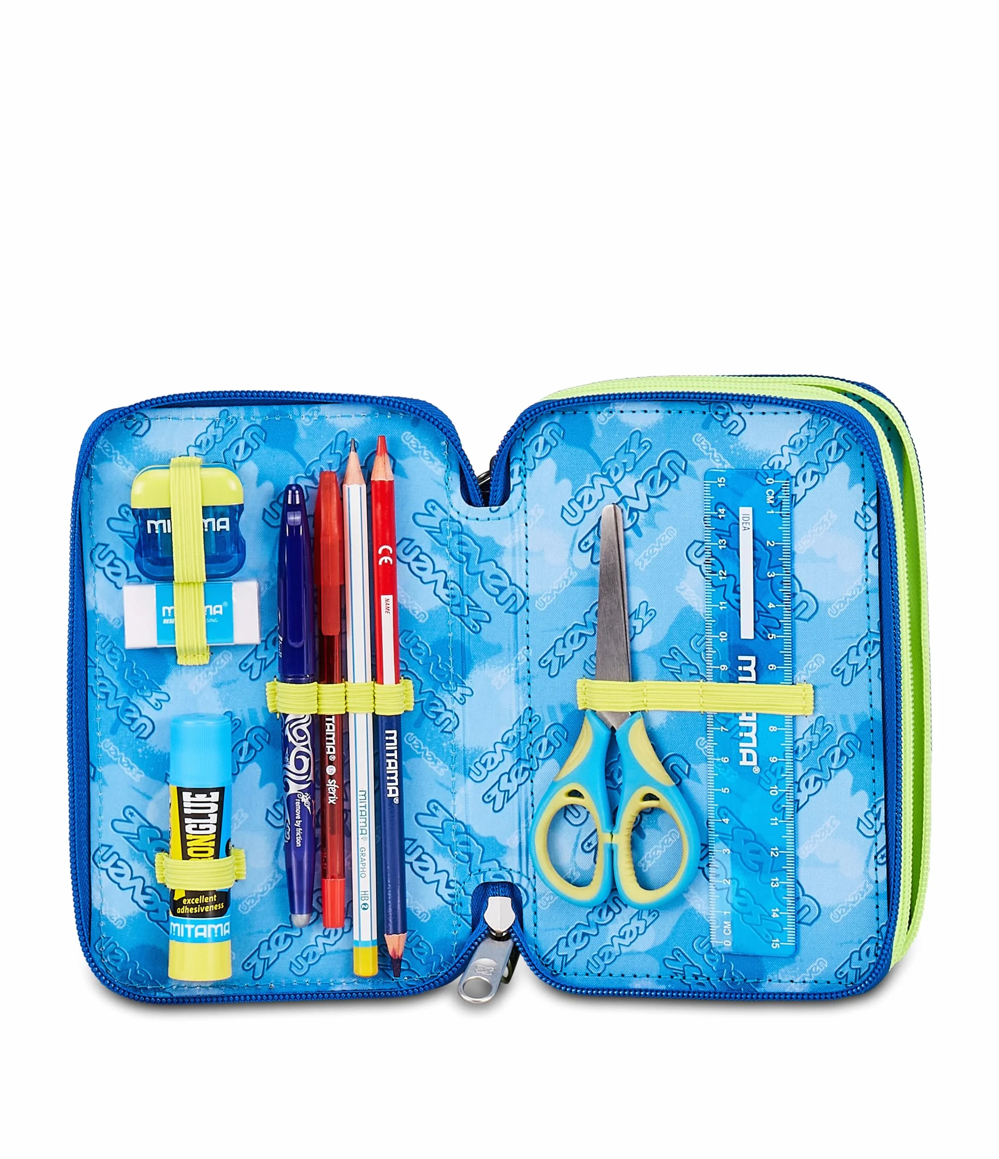 Seven Astuccio Scuola 3 zip ELECTRICVIBE BOY, Blu, Portapenne attrezzato, Triplo scomparto, 45 pezzi, Completo di penne, matite e colori, Accessori Zaino, Scuola elementare, Asilo, Per bambini