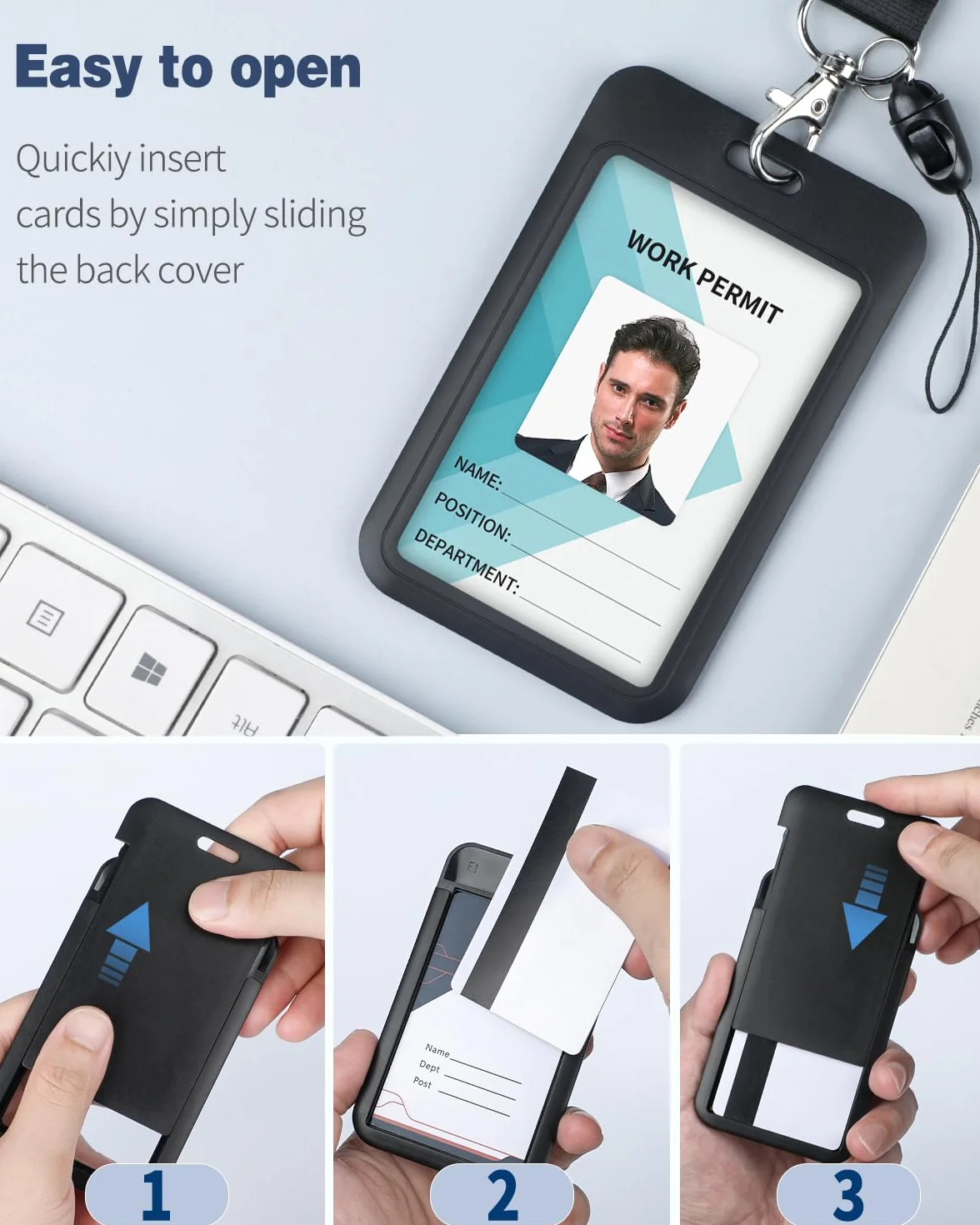 Uniclife Porta Badge Scorrevole Rigido Nero in Plastica Custodia Protettiva per Carte con Fibbia in Metallo e Clip, 3 Pezzi