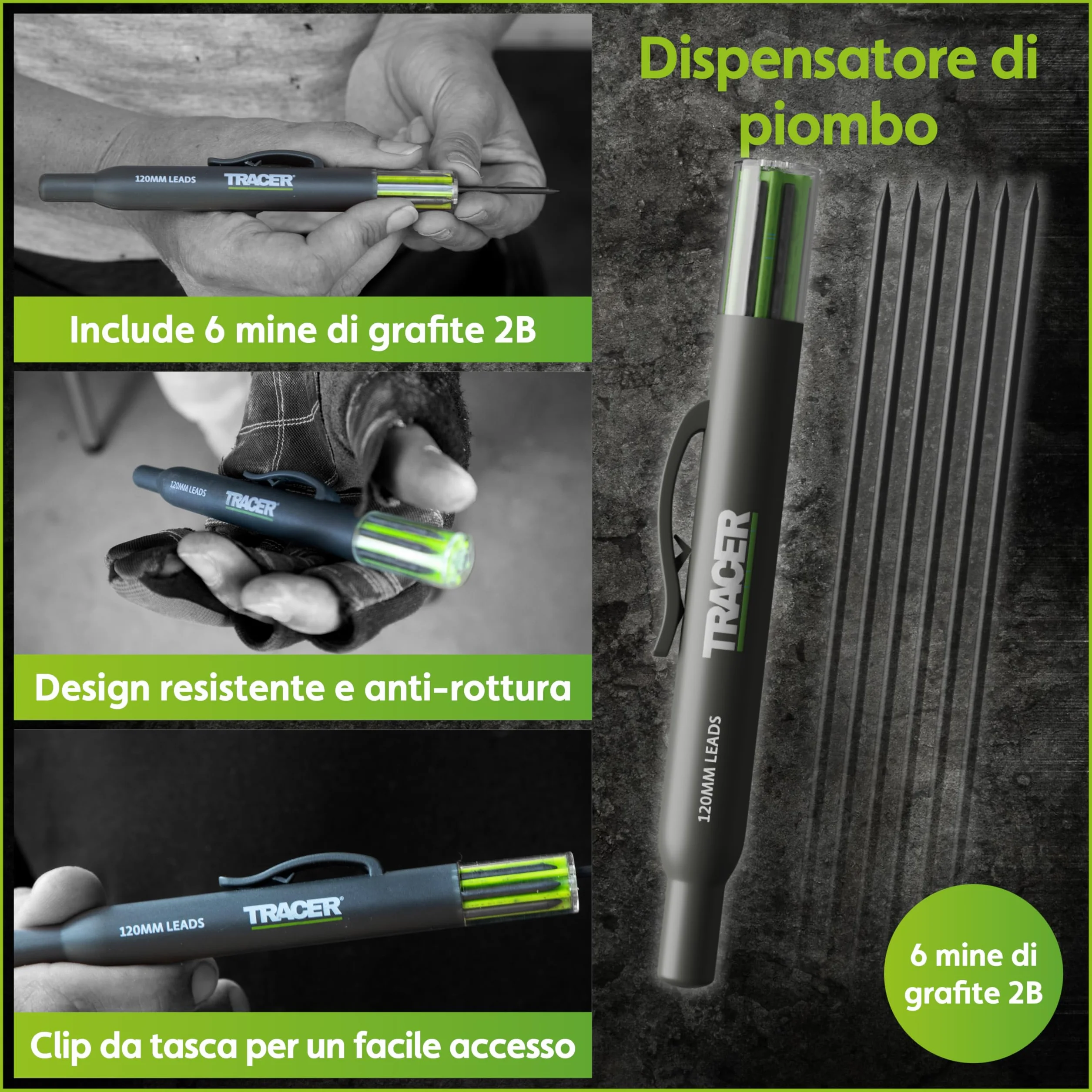 Tracer AMK5 Kit da 5 Pennarelli da Costruzione con Custodia Magnetica, Matita Carpentiere, Punta Lunga e Anti-Intasamento