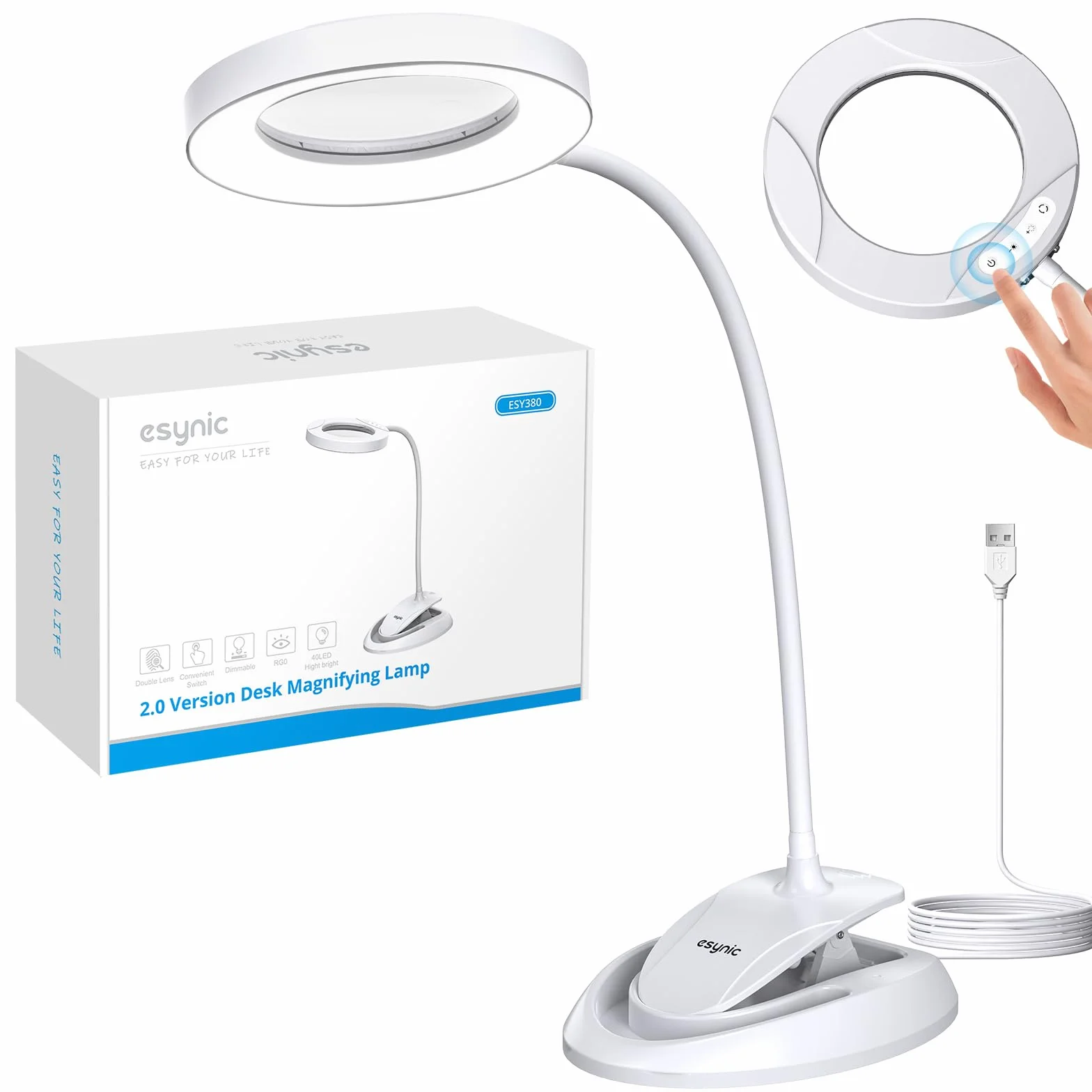 eSynic 2 in 1 Lente di Ingrandimento 5X 10X Lampada LED da Tavolo con Morsetto Staccabile e USB Cavo Integrato, Magnifier a 40 LED, 3 Colori Luce, 5 Temperature 3000-6500K, 10 Luminosità Regolabile