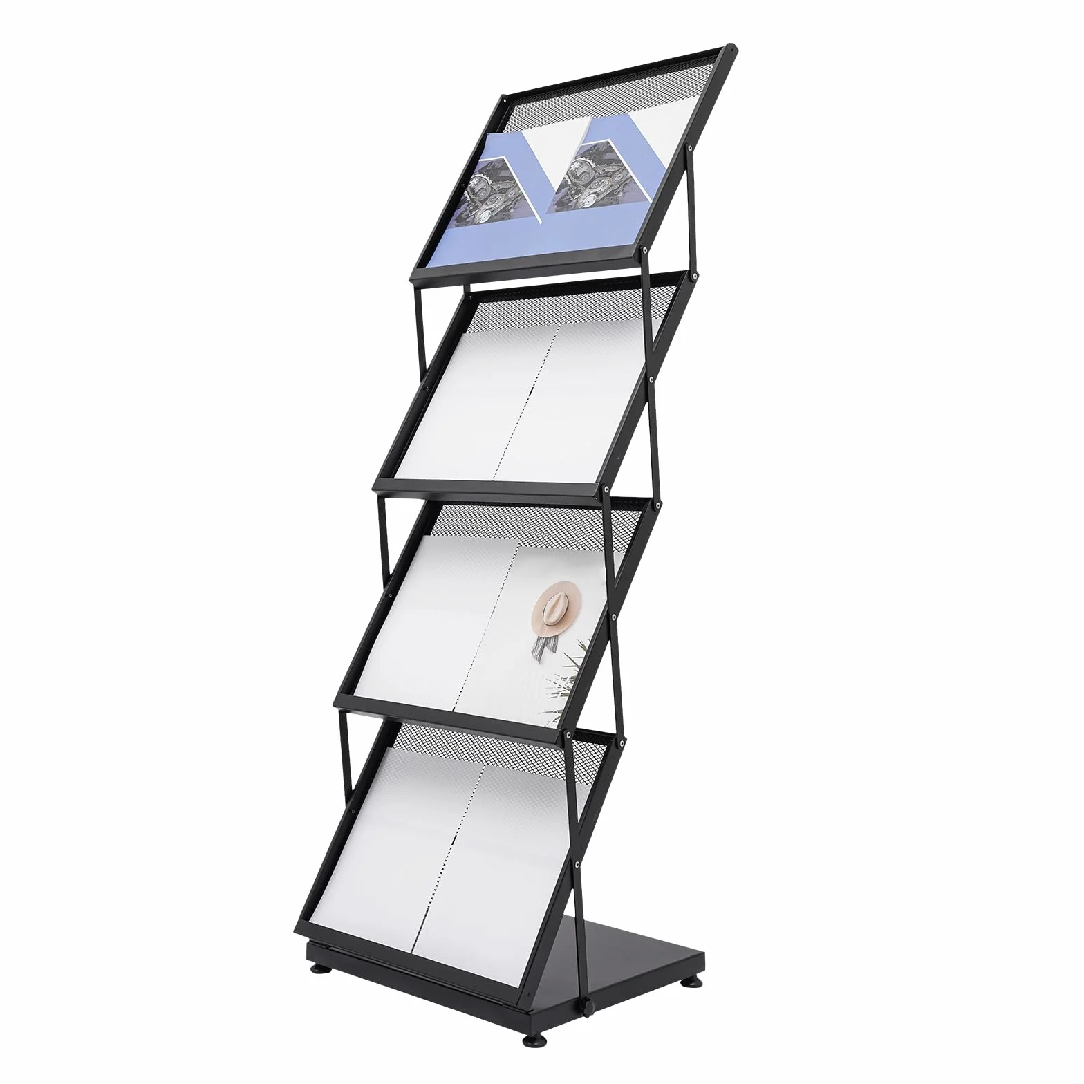 Espositore pieghevole A3 4 livelli nero 46x37x132cm, struttura in ferro antiruggine, capienza elevata per casa, ufficio e fiere