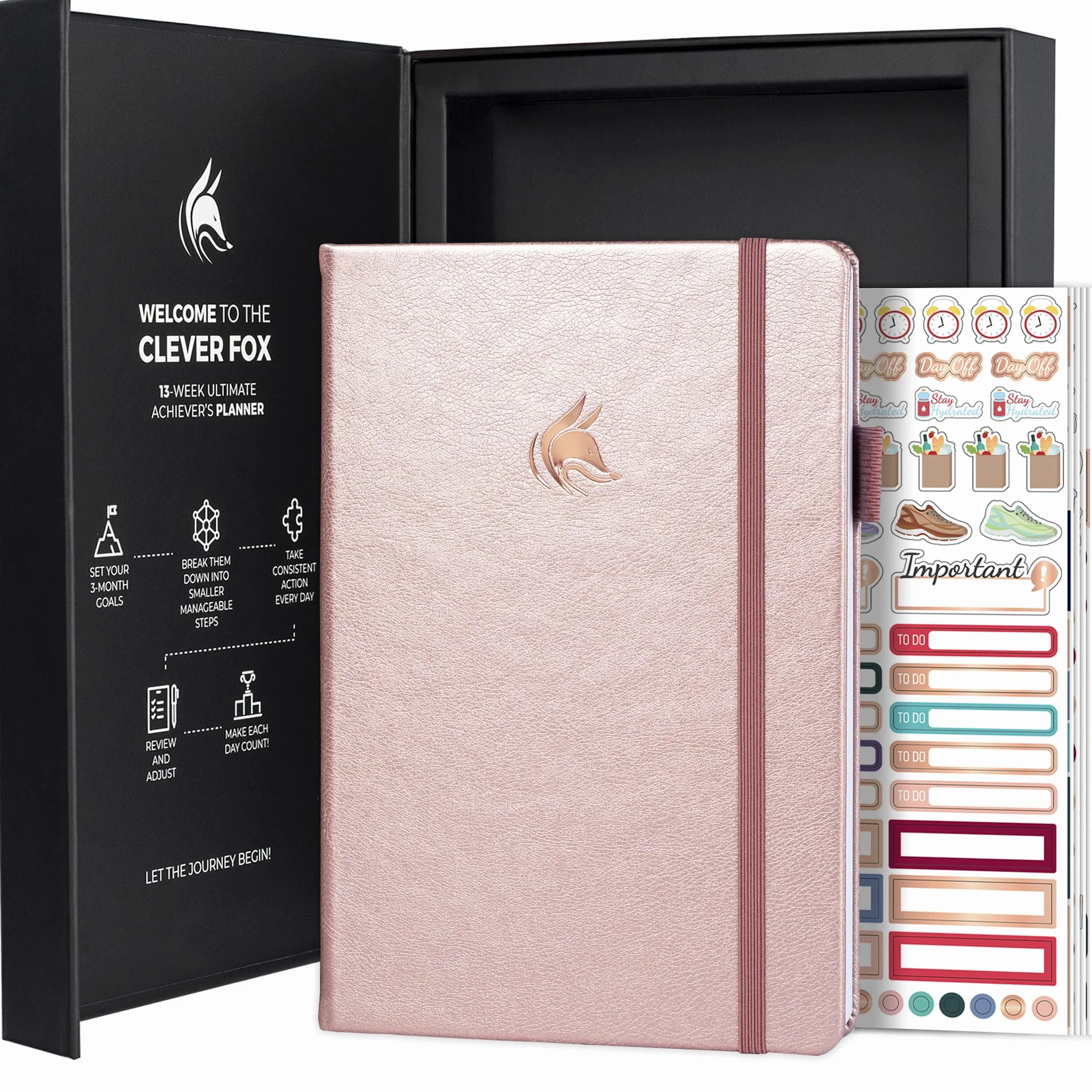 Clever Fox Ultimate Achiever's Goal Planner – Diario di 90 giorni Focus & Productivity. Agenda giornaliera settimanale mensile e agenda oraria, senza data, copertina rigida, formato A5, oro rosa