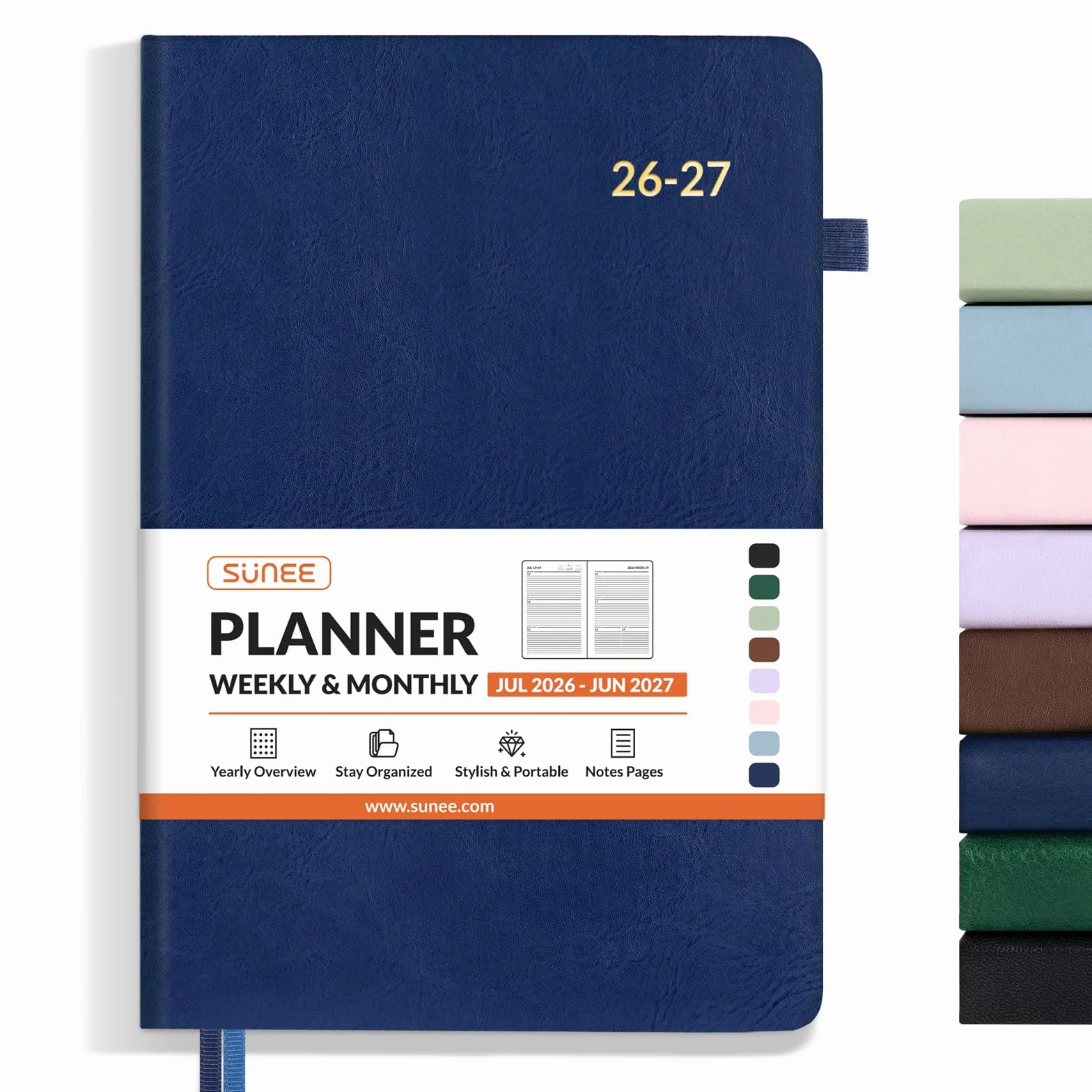 SUNEE Agenda settimanale e mensile 2026-2027, con copertina rigida, 14 x 21,1 cm, 12 mesi (luglio 2026 - giugno 2027), calendario accademico piccolo, tascabile, appunti, carta da 100 g/m², blu scuro