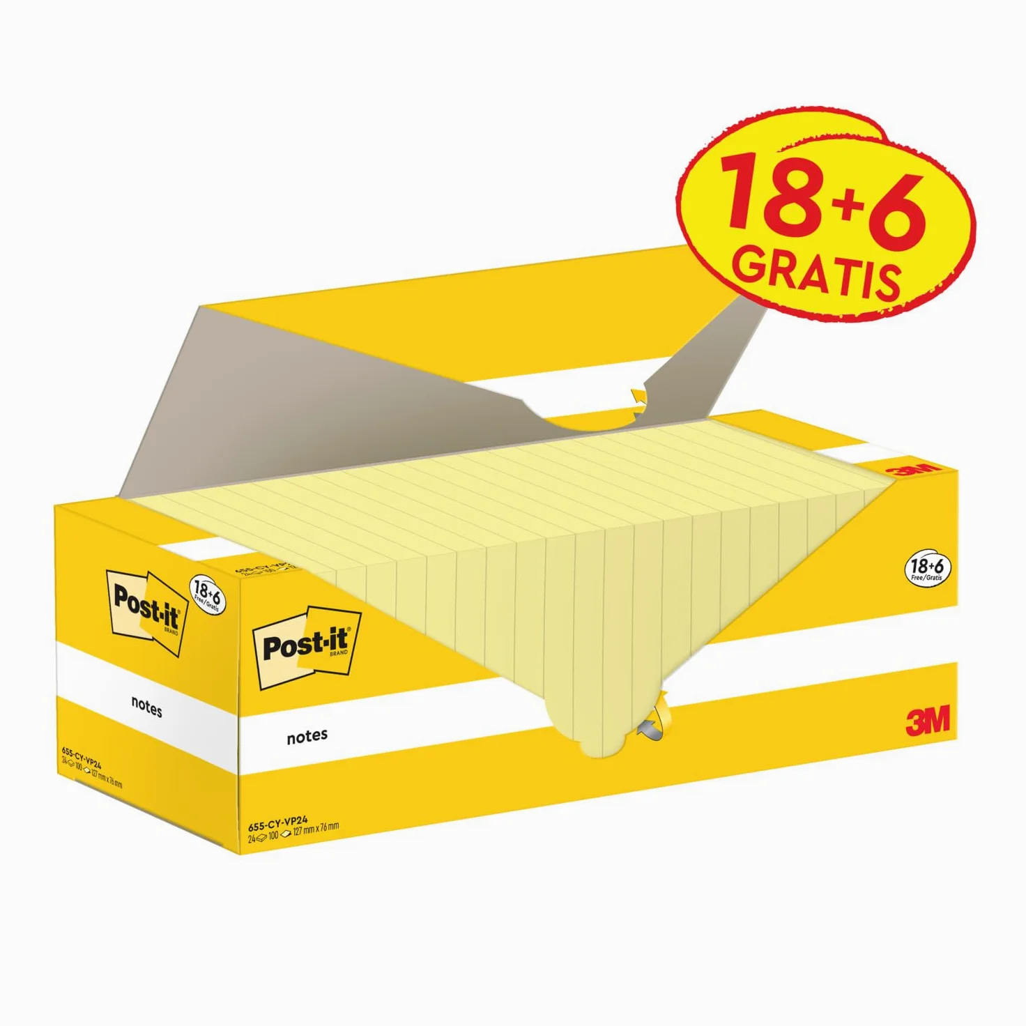 Post-it Foglietti Canary Yellow, Confezione da 18 blocchetti + 6 GRATIS, 100 Fogli per blocco, 76 mm x 127 mm, Colore Giallo - Foglietti Adesivi Fogli Adesivi per Appunti, Elenchi & Promemoria