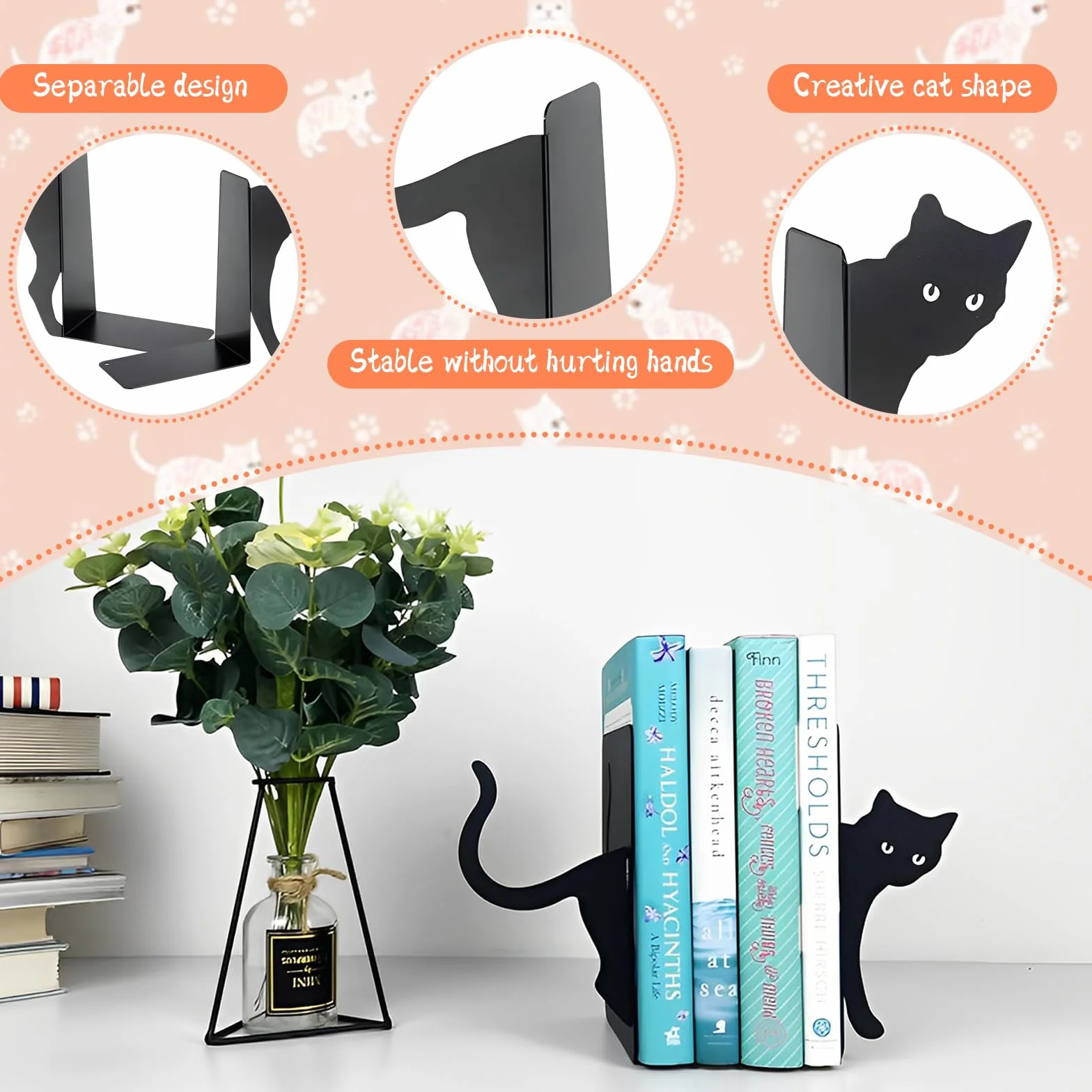 Reggilibri in Metallo, 2 Pezzi, Supporto per Libri della Gatta Nera, Fermalibri Decorativi