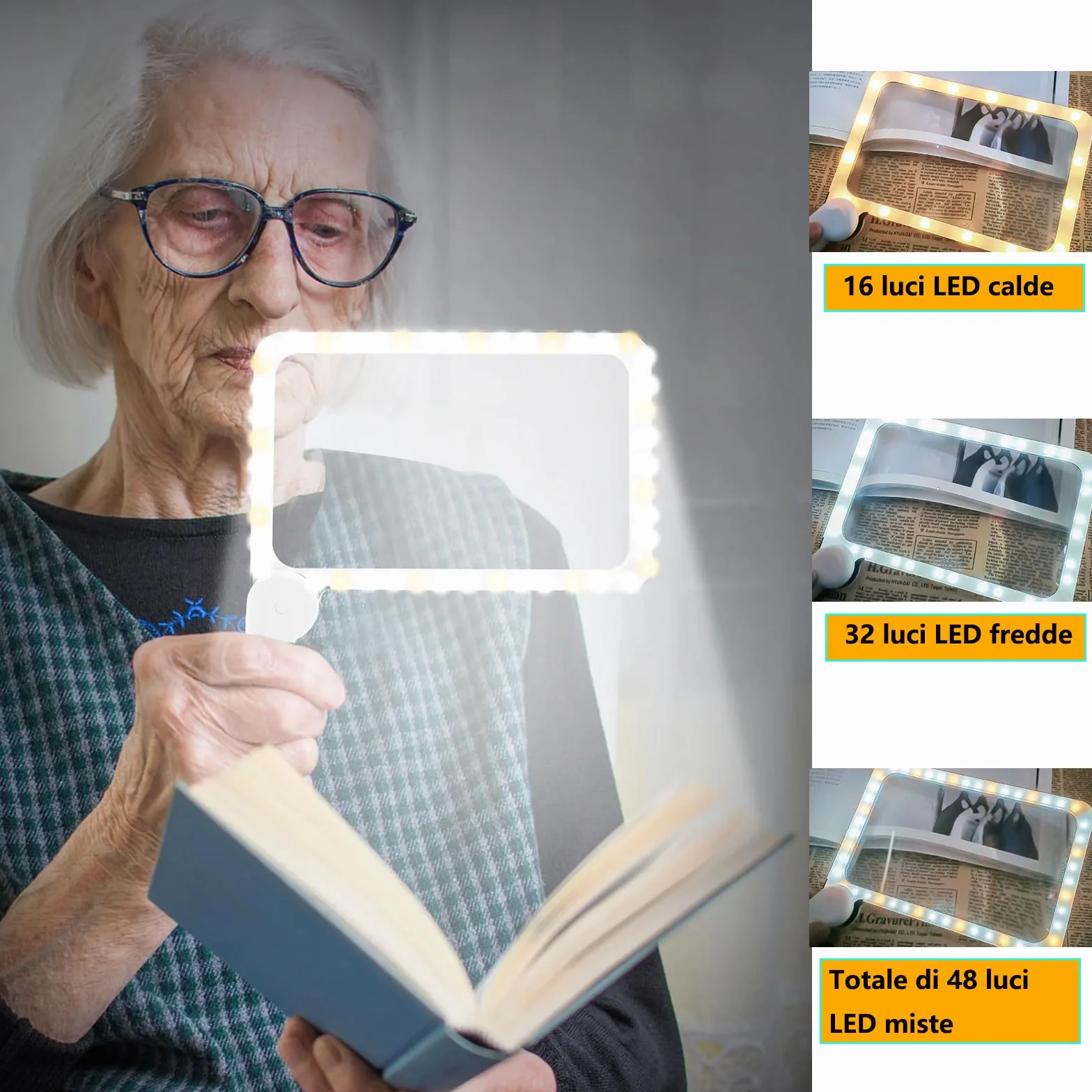 Lente di Ingrandimento con Luce LED Rettangolare Grande Portatile per Anziani Ipovedenti Lettura Pieghevole