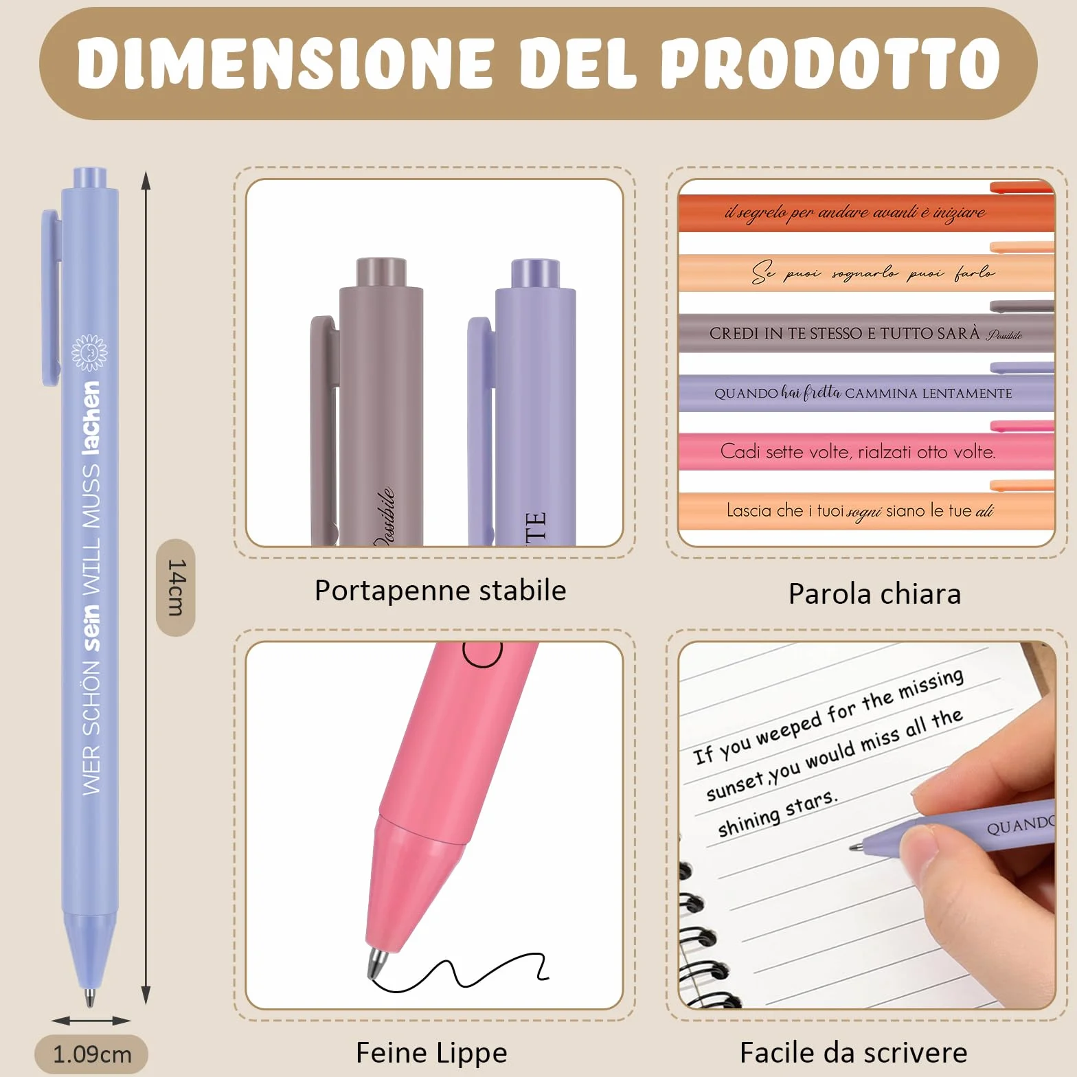 Set di 24 Penne a Sfera a Scatto con Citazioni Motivazionali in Italiano - Inchiostro Nero, Colori Assortiti, Idea Regalo