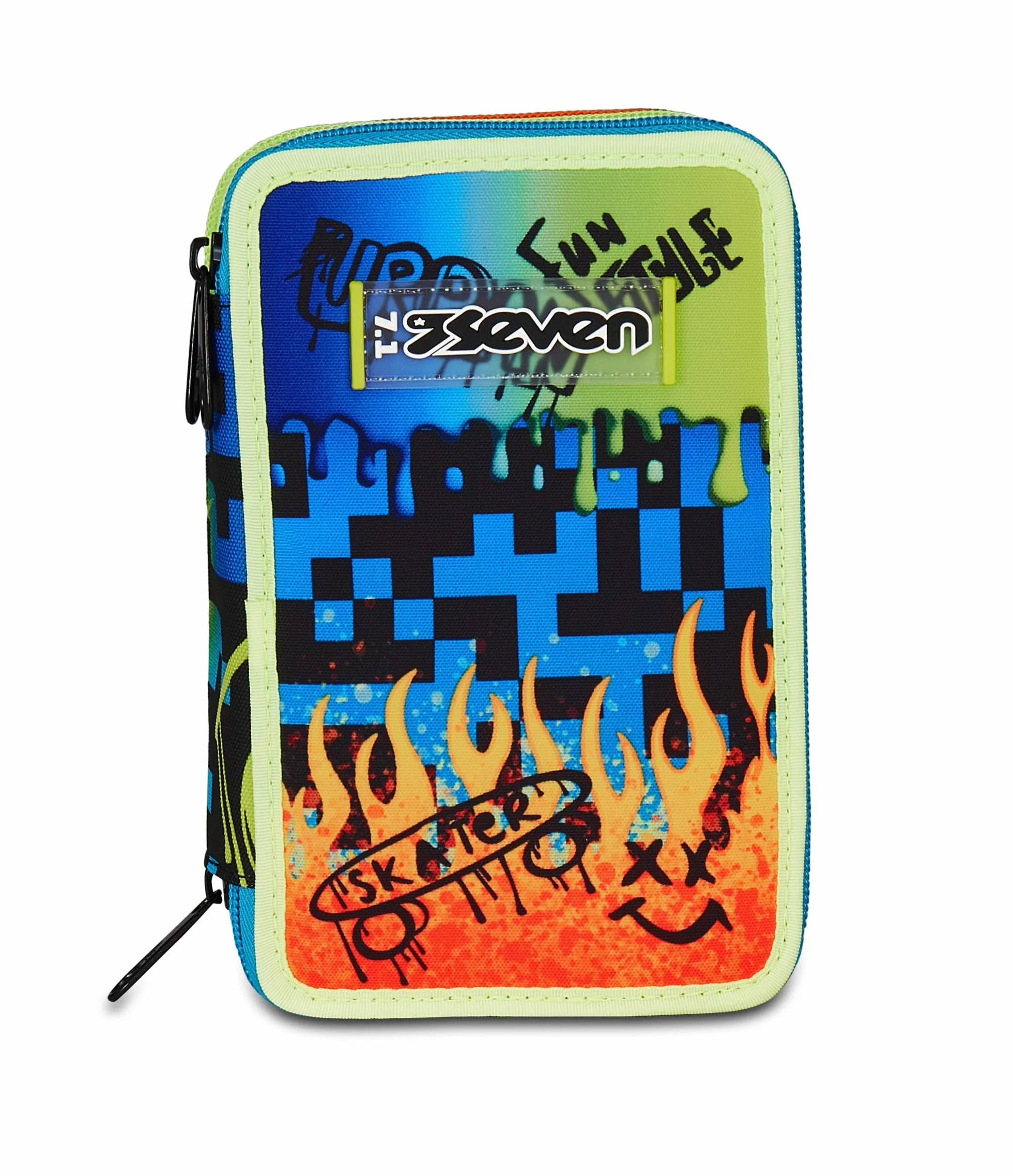 Seven Astuccio Scuola 3 Zip SCRIBBLED FLAME, Blu, Portapenne Triplo Scomparto Completo Di Penne, Matite, Colori, Accessori Zaino, Scuola Elementare, Bambino