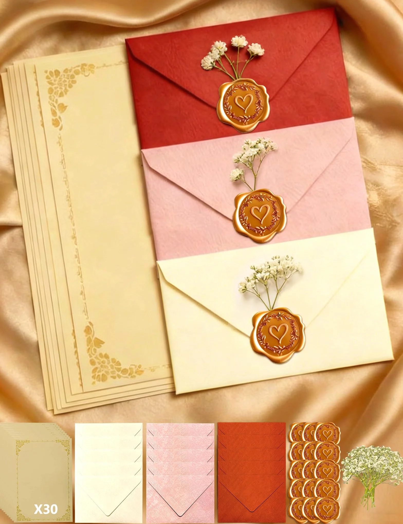 Set 75 Pezzi Carta da Lettere con Busta Pergamena Scrivere Buste Sigillo Ceralacca Oro Rosa Fiori Secchi Decorativi