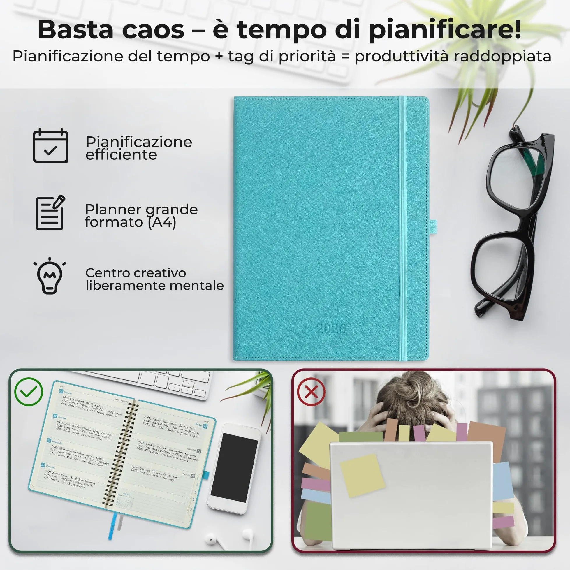 Agenda 2026 A4: Diario 29x21,7 cm, Pianificatore settimanale & giornaliero rilegato, 12 mesi Gen–Dic, carta 100 g/m², copertina pelle PU Azzurro