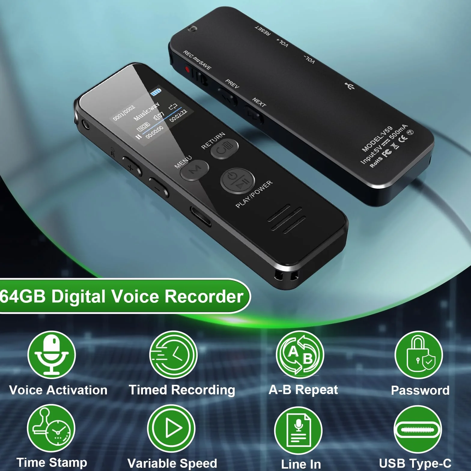 60ORE Registratore Vocale, 64GB Custodia in Metallo, con Attivazione Vocale e Password, USB C Registrazione Audio per Conferenze Riunioni Colloqui Classe