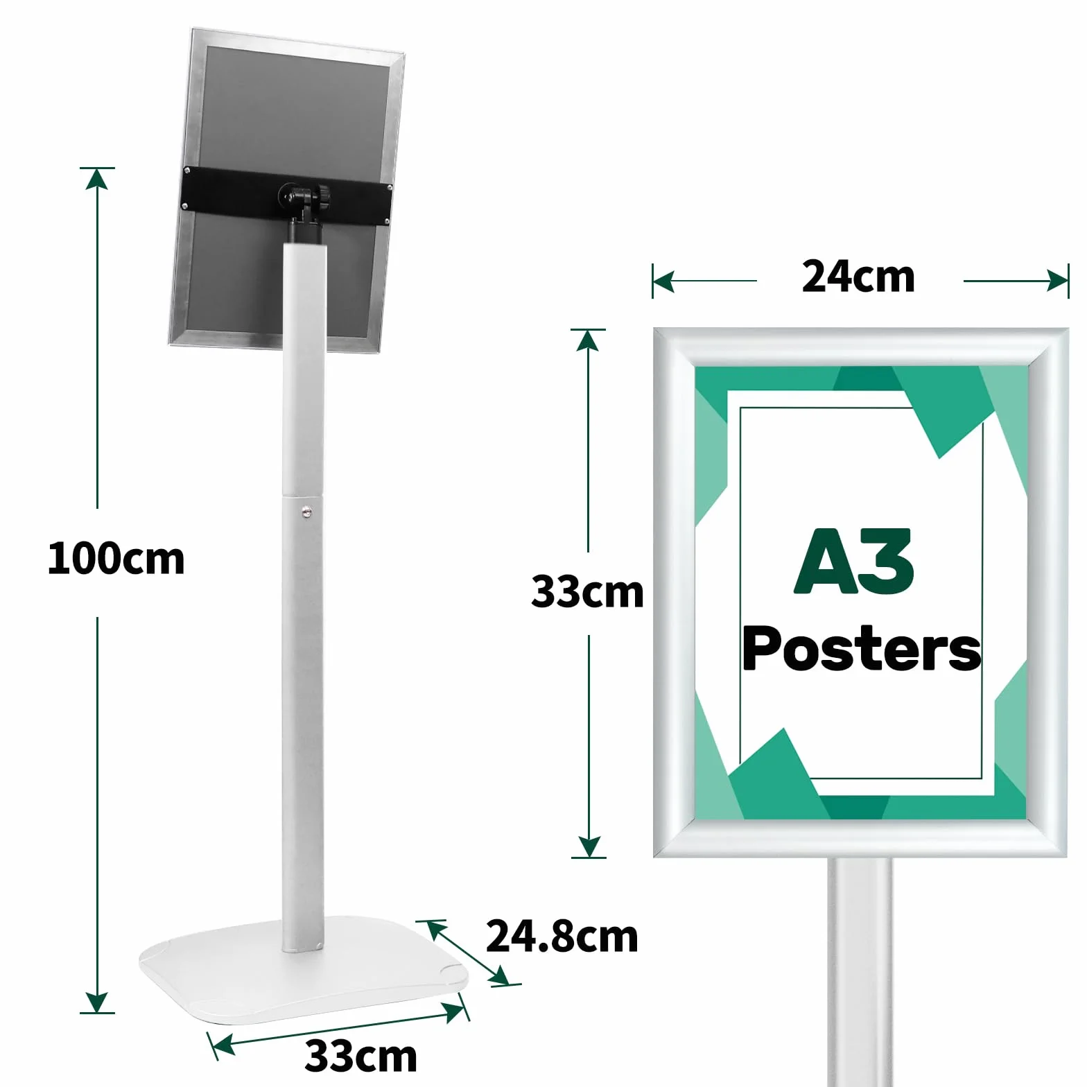 Stojak na plakat A3 srebrny, stabilna podstawa, wspornik ogłoszeń reklam
