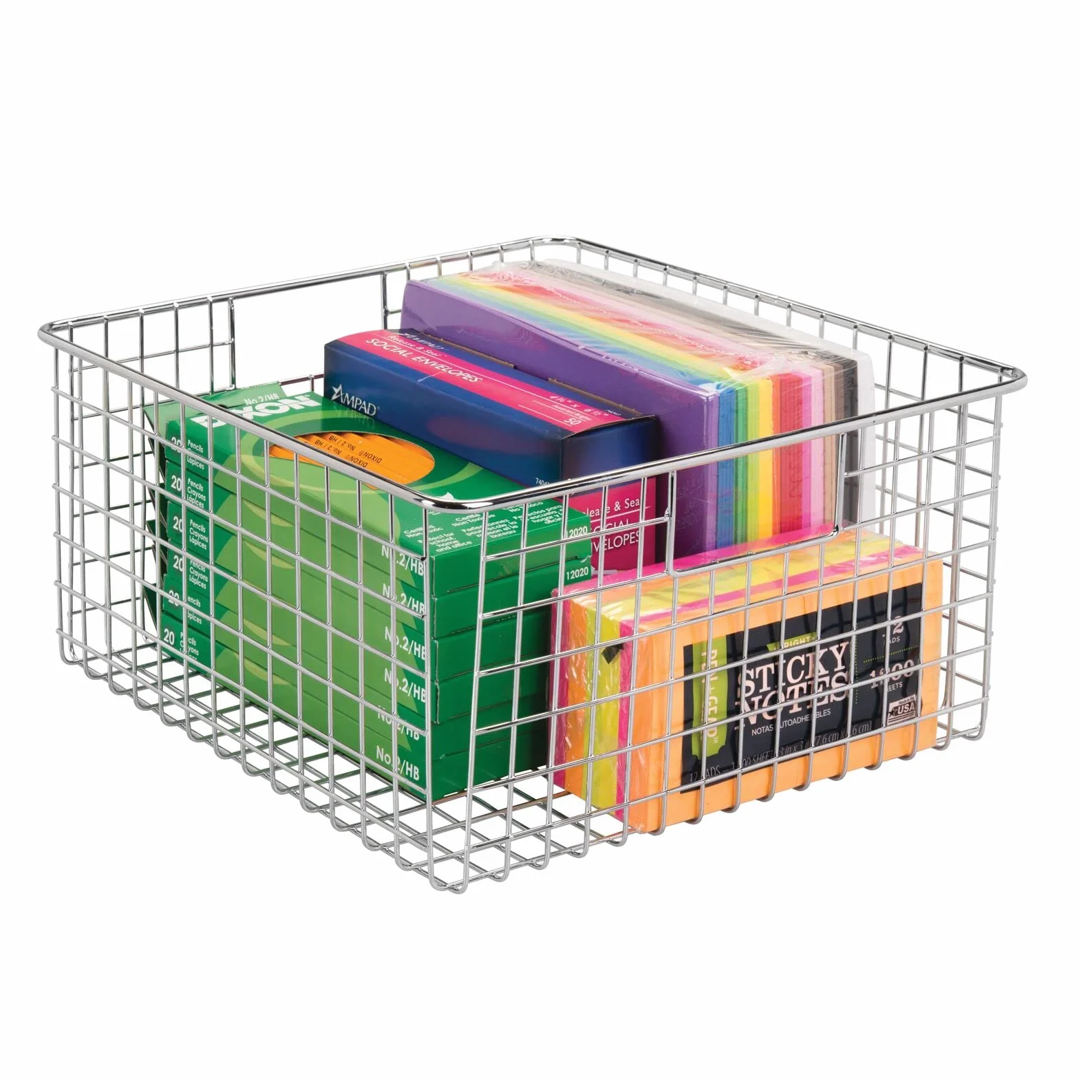 mDesign Organizer scrivania per posta, carte e cancelleria – Cesta metallo per uffici, scuola, camere da letto, cucine, bagni, garage – Cesta portaoggetti con manici incorporati – Set da 4 – cromato