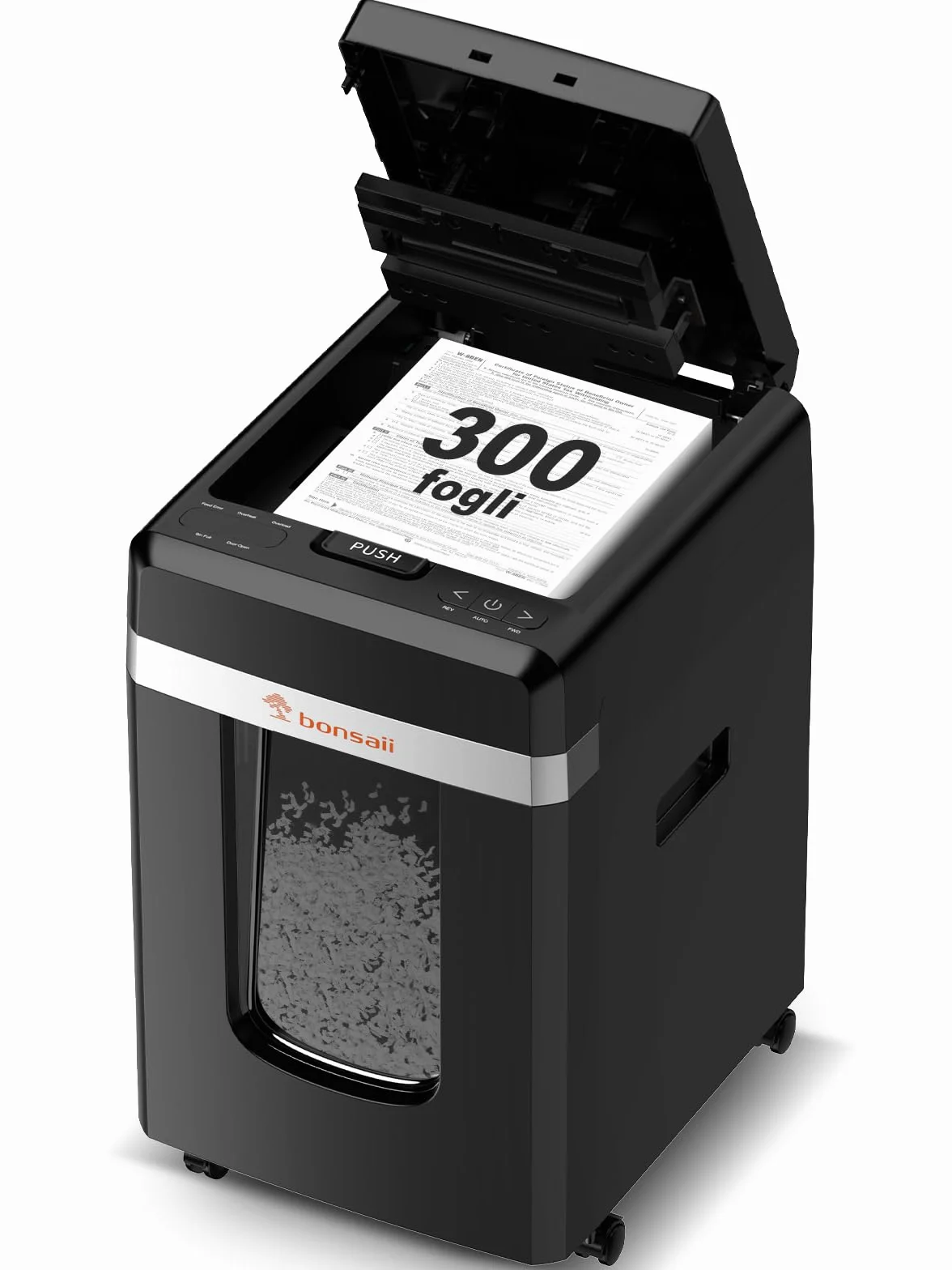 Bonsaii C291-A Distruggidocumenti P-4 Micro-Cut, con alimentatore automatico di documenti da 300 fogli, funzionamento continuo, 60 minuti, contenitore per rifiuti da 31 litri