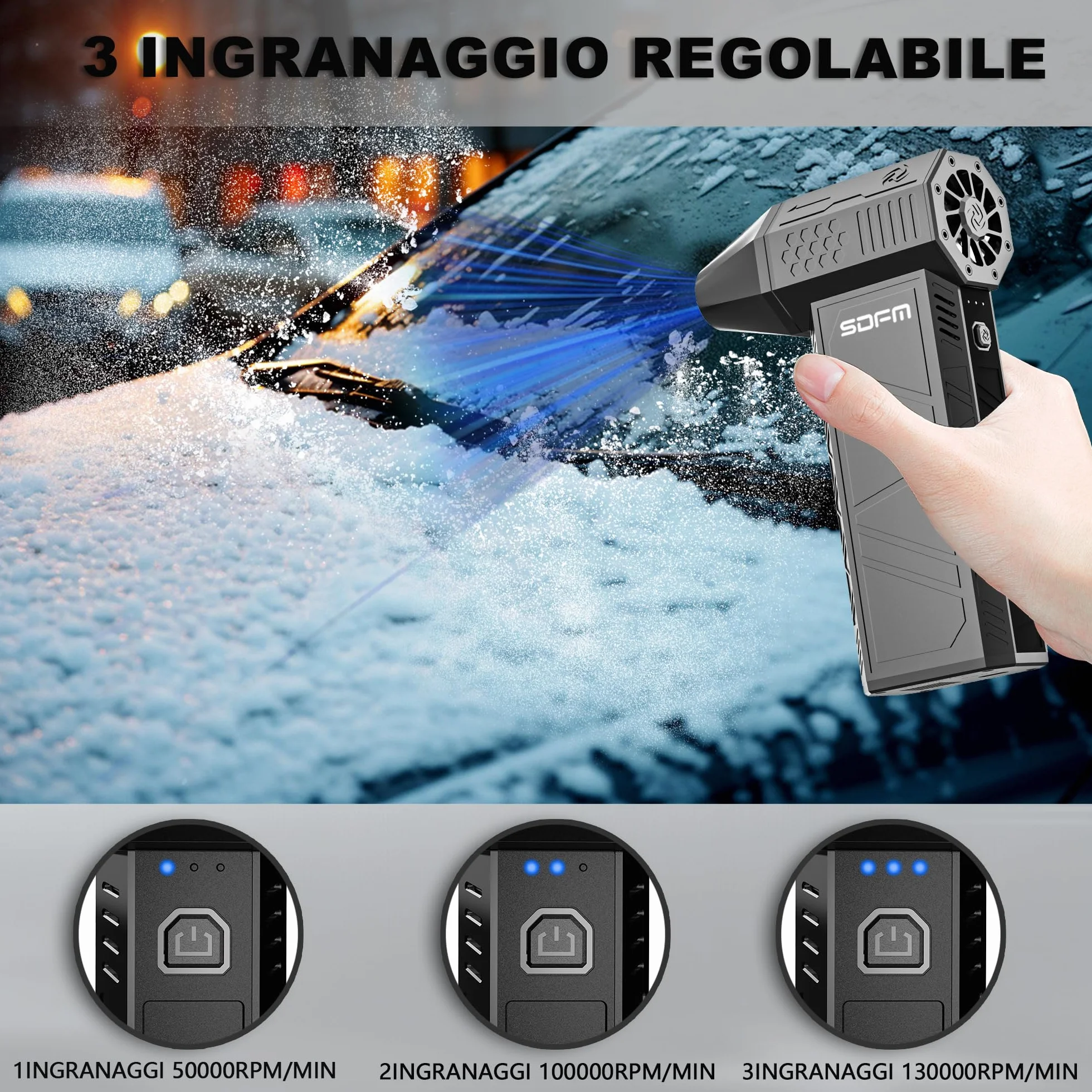SDFM Soffiatore Aria Compressa, 130,000 RPM, 3 Velocità Elettrico Aria Compressa, con Protezione Intelligente, Senza Fili e Ricaricabile, per Pulizia di PC, Tastiera, Auto e Divano (Black)