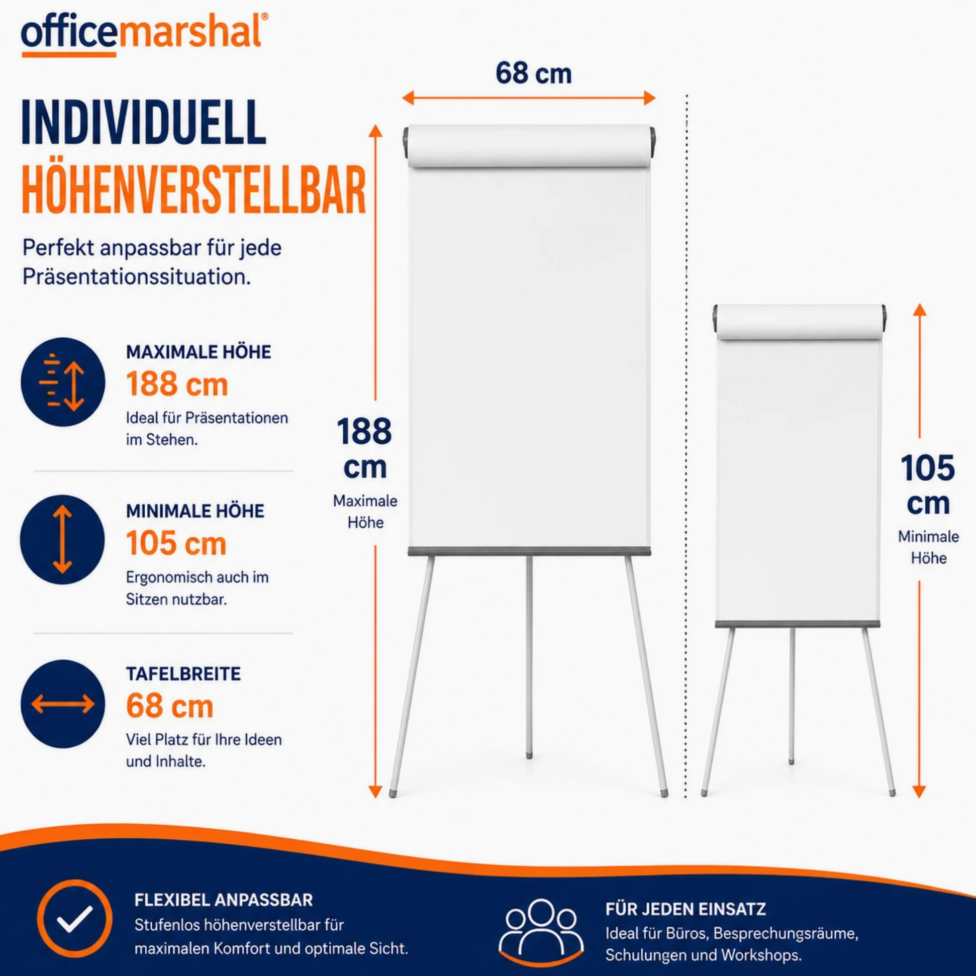 OfficeMarshal Lavagna magnetica con base a rotelle, 73 x 105 cm, regolabile in altezza fino a 210 cm, scrivibile, lavabile a secco, magnetica (coyote)