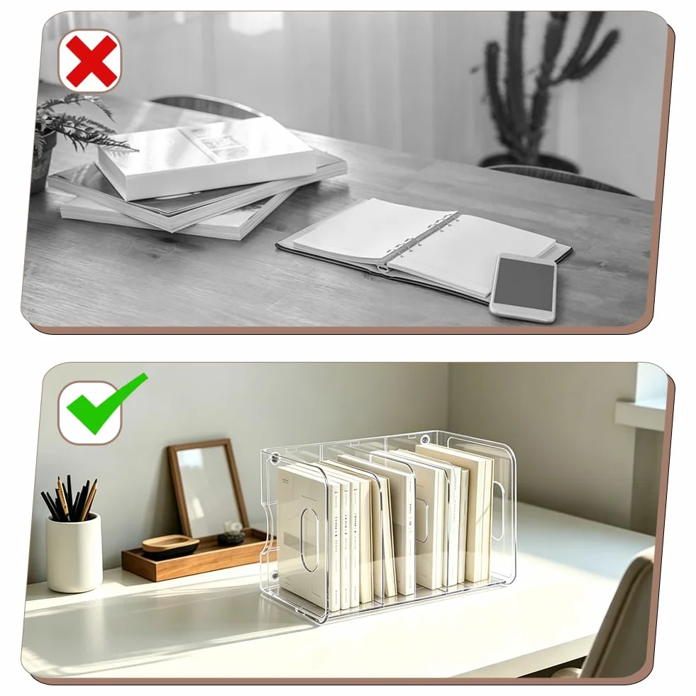 INFUNLY Portariviste in acrilico a 3 scomparti, 17 x 15 x 23 cm, organizer da scrivania con manico, organizer trasparente da cucina, organizer per borsette, divisorio per casa, ufficio, scuola