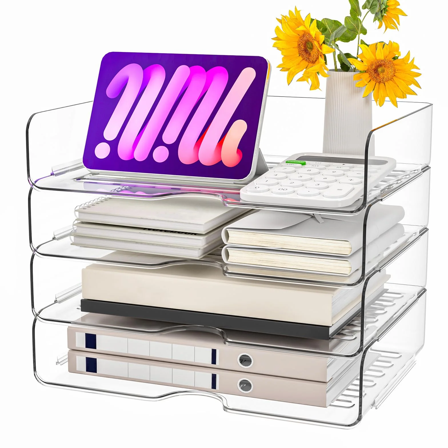 Confezione da 4 vassoi per lettere in acrilico, impilabili, organizer da scrivania e accessori, organizer per ufficio, organizer per posta per iPad, documenti, lettere, documenti da ufficio A4