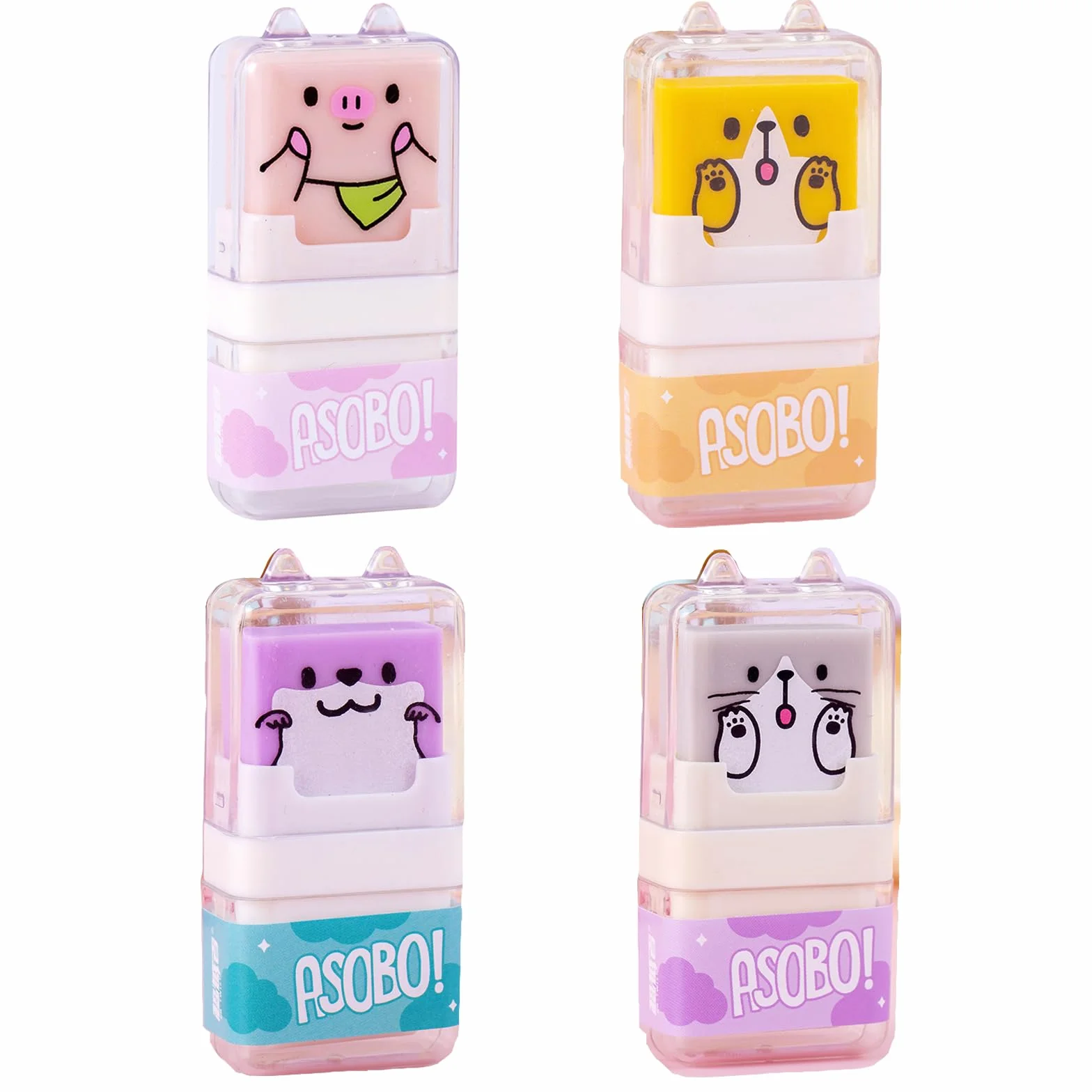 Set di 4 gomme da cancellare per bambini animali carini con rullo di pulizia e custodia