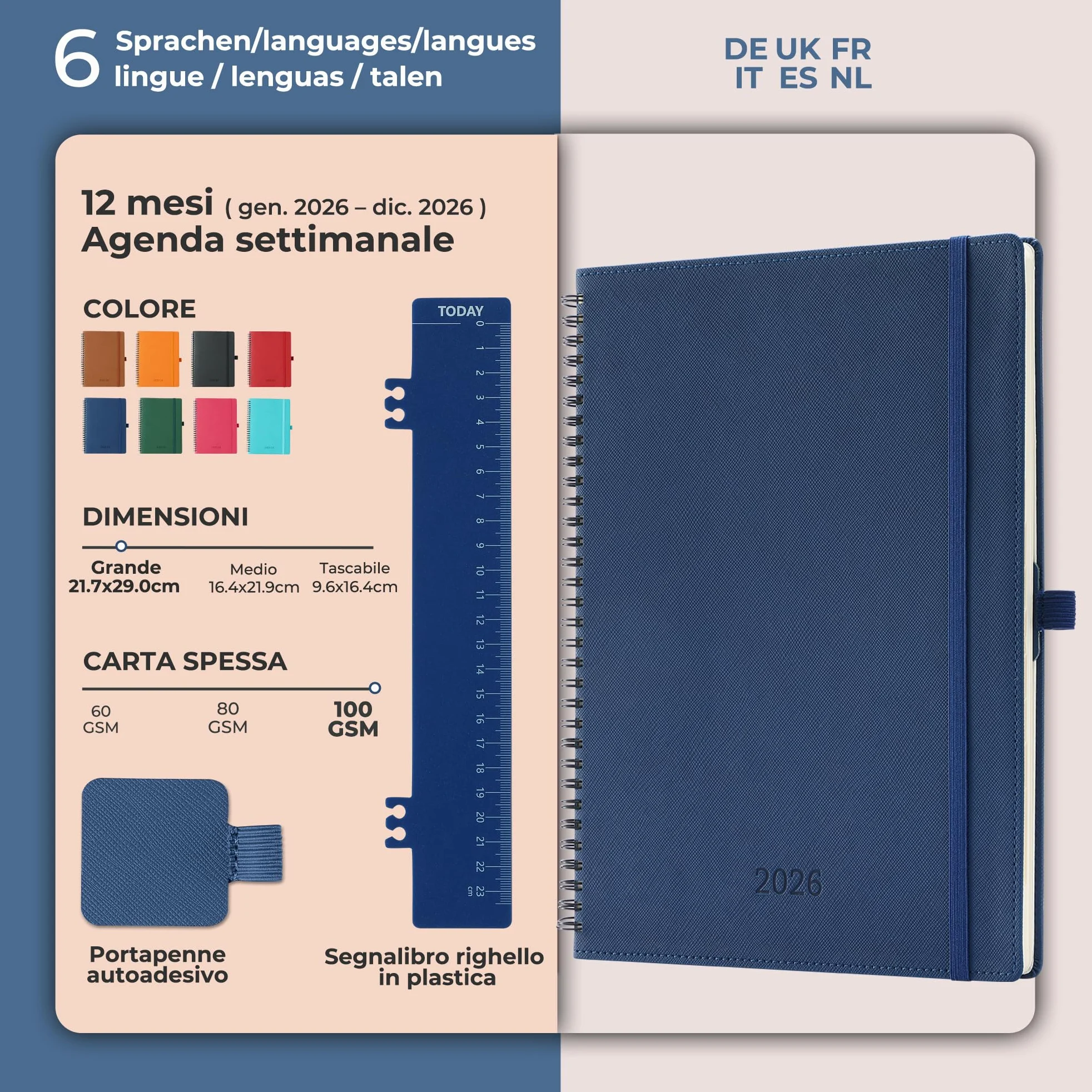 Agenda 2026 A4: Diario ad anelli 29x21,7 cm, Pianificatore settimanale & giornaliero, 12 mesi Gen–Dic, carta 100 g/m², pelle PU Blu marino