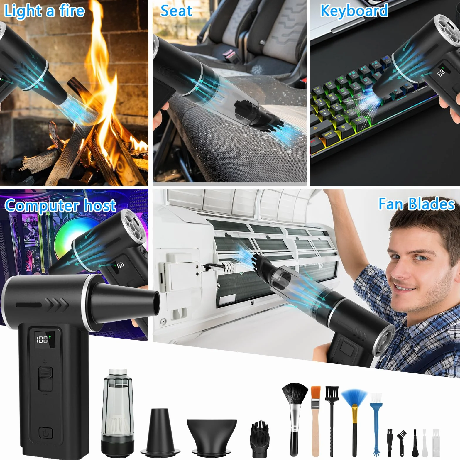 Soffiatore Aria Compressa 2-in-1 Air Duster Elettrico & Aspirapolvere 180000 RPM, Batteria 8000mAh, 100 Livelli di Velocità, Display Digitale, Kit Pulizia PC, Tastiera e Auto, USB-C (Nero)