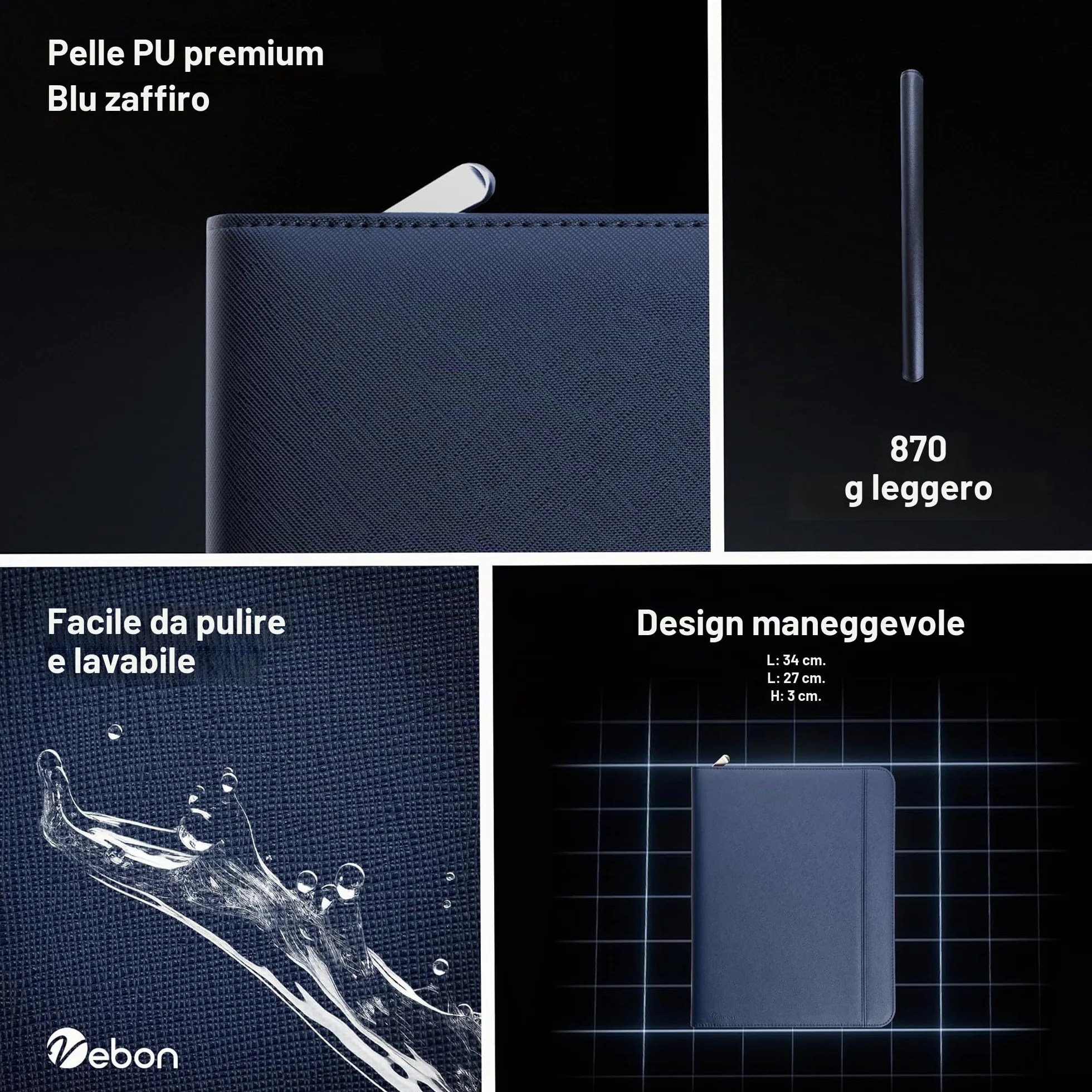Vebon Cartella A4 grande Roma doppia cerniera portacarte borsa laptop pelle sintetica blu zaffiro 34 x 28 x 3 cm