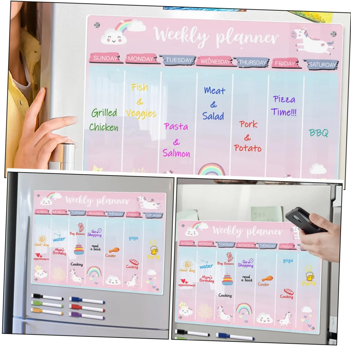 VILLCASE Lavagna Magnetica Acrilica Cancellabile a Secco per Frigorifero, Planner Settimanale Superficie Riutilizzabile e Design Colorato per Organizzazione Cucina