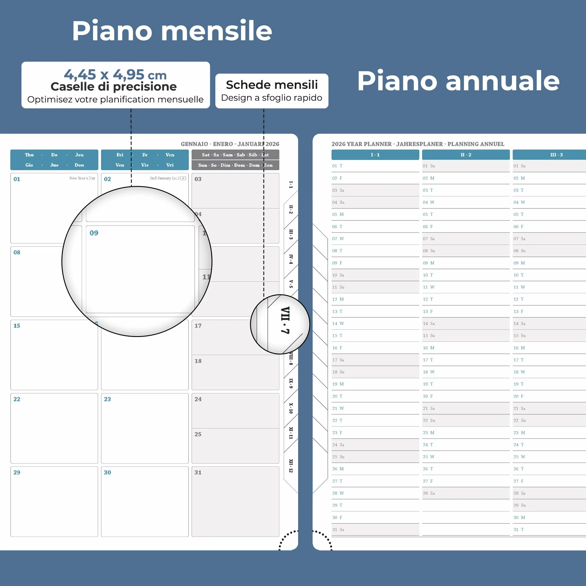Agenda 2026 A4: Diario ad anelli 29x21,7 cm, Pianificatore settimanale & giornaliero, 12 mesi Gen–Dic, carta 100 g/m², pelle PU Blu marino
