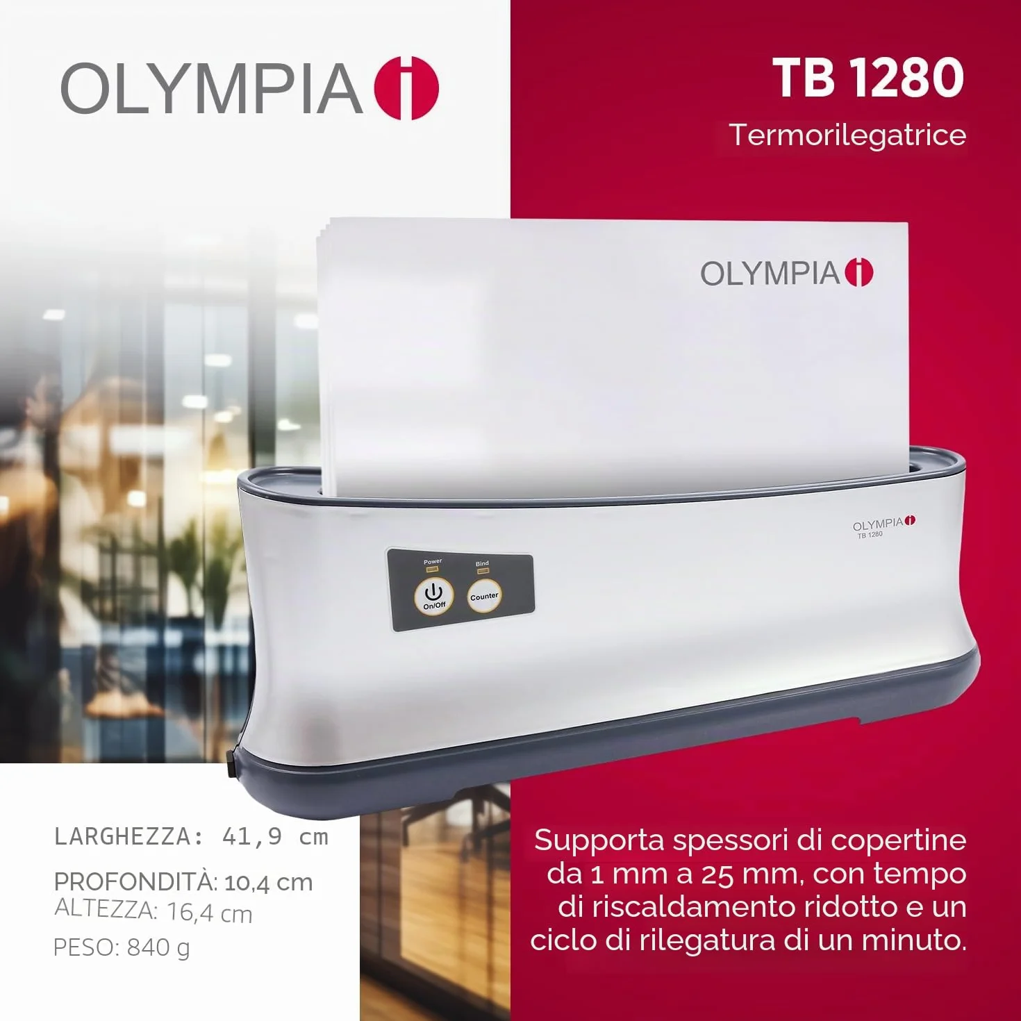 Olympia TB 1280 - Termorilegatrice, spegnimento automatico dopo 90 minuti di attesa