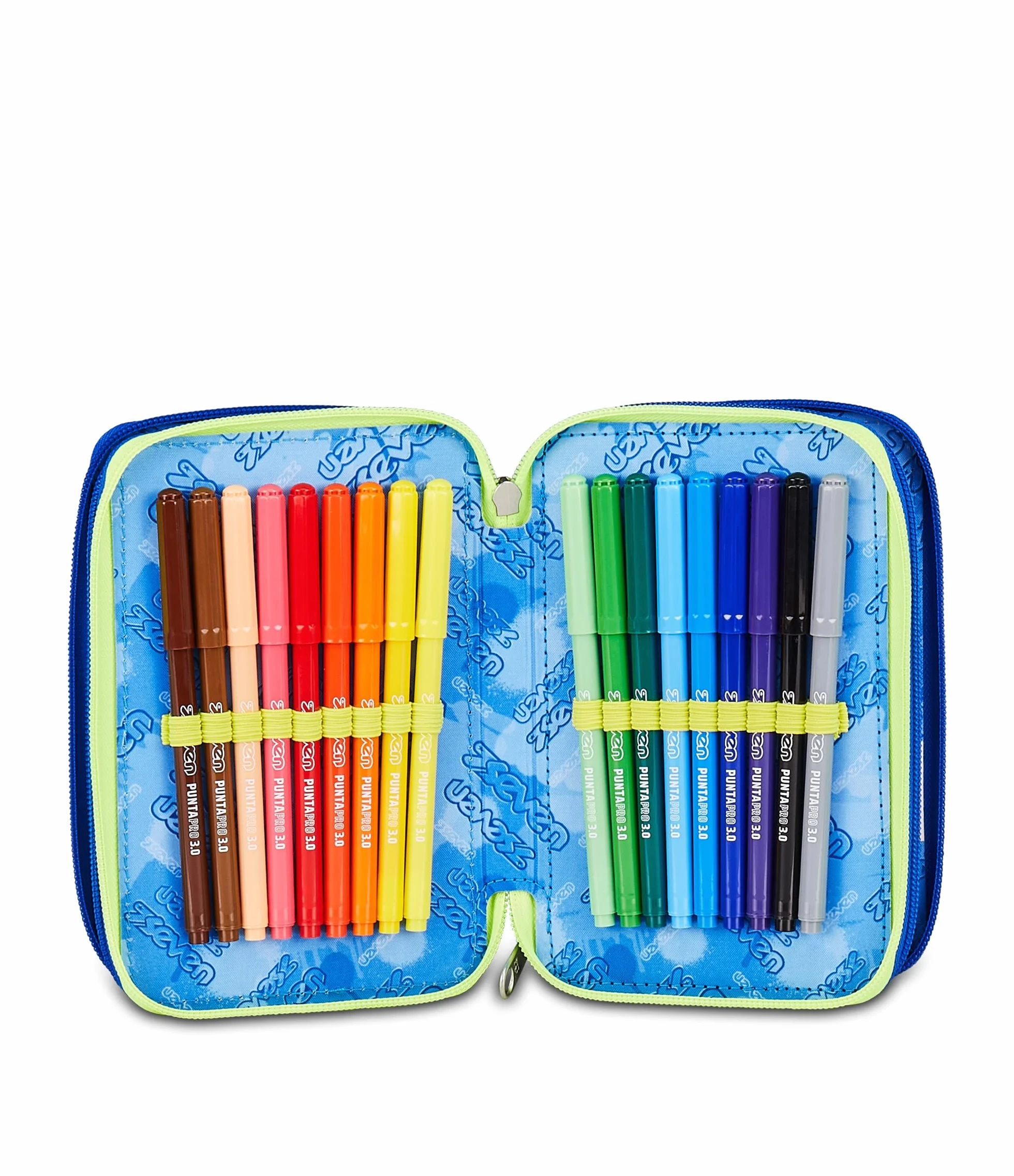 Seven Astuccio Scuola 3 zip ELECTRICVIBE BOY, Blu, Portapenne attrezzato, Triplo scomparto, 45 pezzi, Completo di penne, matite e colori, Accessori Zaino, Scuola elementare, Asilo, Per bambini