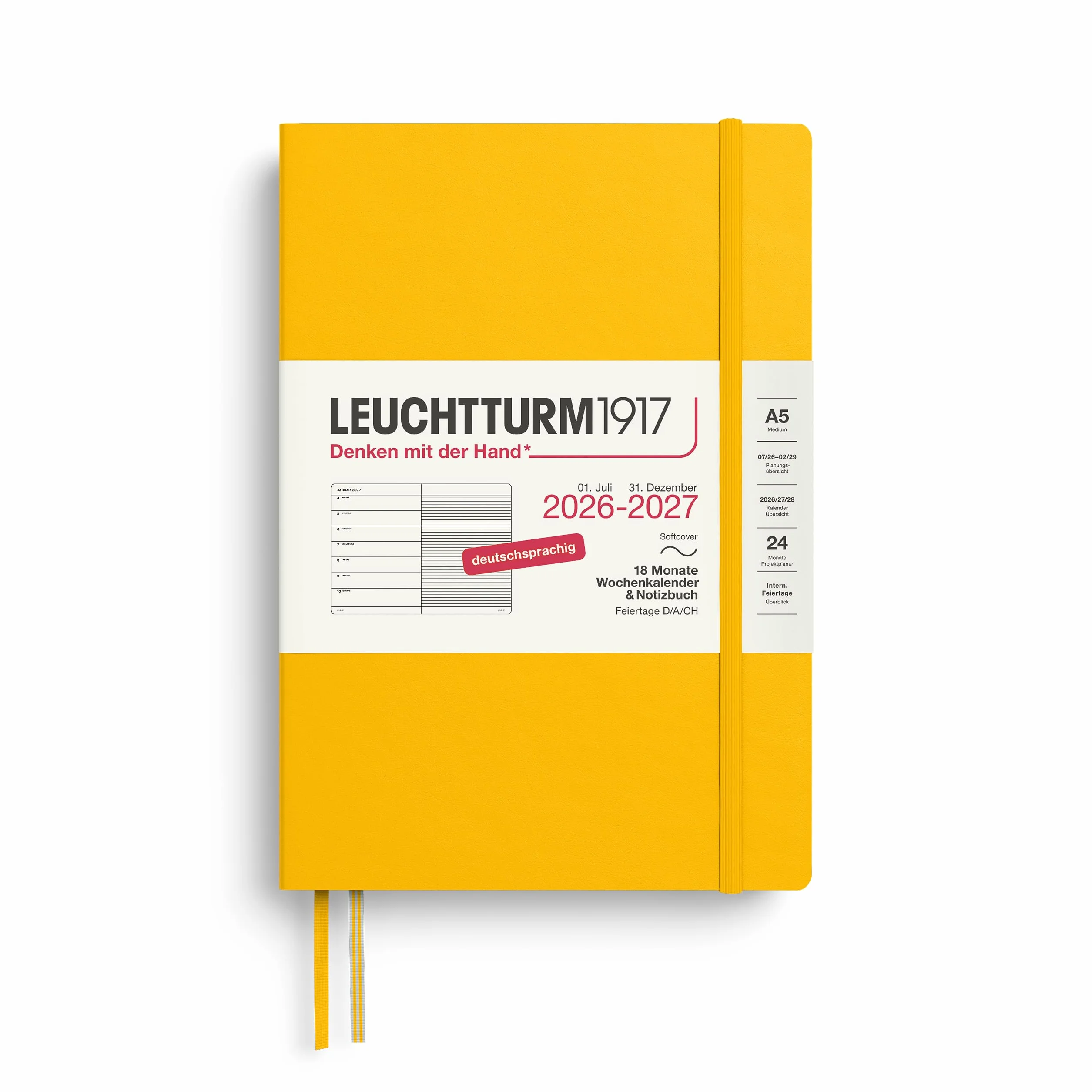LEUCHTTURM1917 Agenda settimanale 2027 A5 con taccuino, a righe, agenda tedesca, 18 mesi luglio 2026 - dicembre 2027, Sunflower, copertina morbida, 210 x 145 mm, panoramica settimanale sinistra +