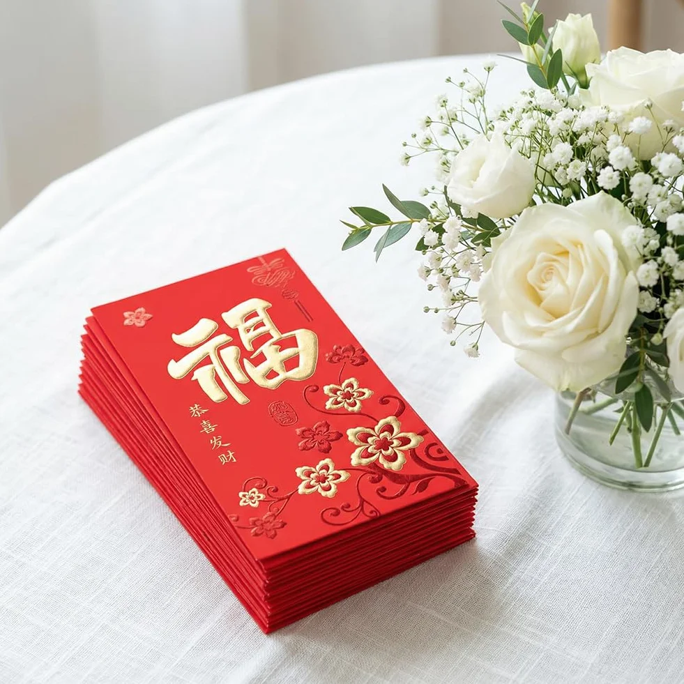 36 Pezzi Rosse per Capodanno Cinese 2026 Portafortuna con Motivo Hong Bao Rilievo