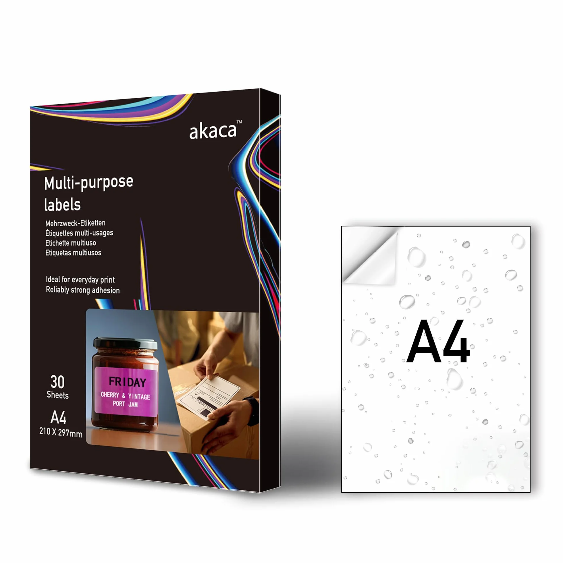 akaca Vinile Carta Adesiva per Stampante A4, 30 Fogli, Bianco Opaco, Impermeabile, Resistente Allo Strappo, 210 x 297 mm