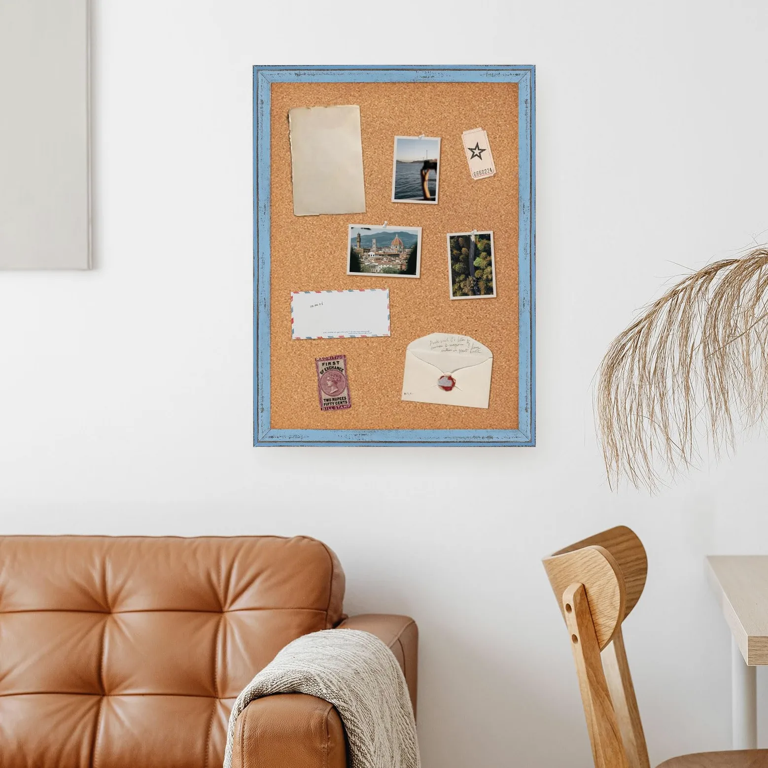 DOLLAR BOSS Bacheca in sughero per pareti, 61 x 45 cm, bacheca decorativa da appendere, cornice in legno, bacheca per avvisi per ufficio e decorazione domestica, blu