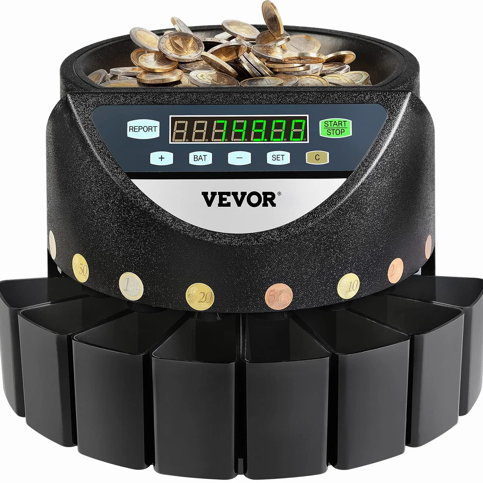 VEVOR Macchina Contamonete 500-1000 Monete in Euro Separatore per Monete Contamonete Velocità 300 pezzi/minuto Display a LED 7 Cifre Pannello Controllo 8 Cassetti, Tabaccheria, Scuole, Negozio, Banca