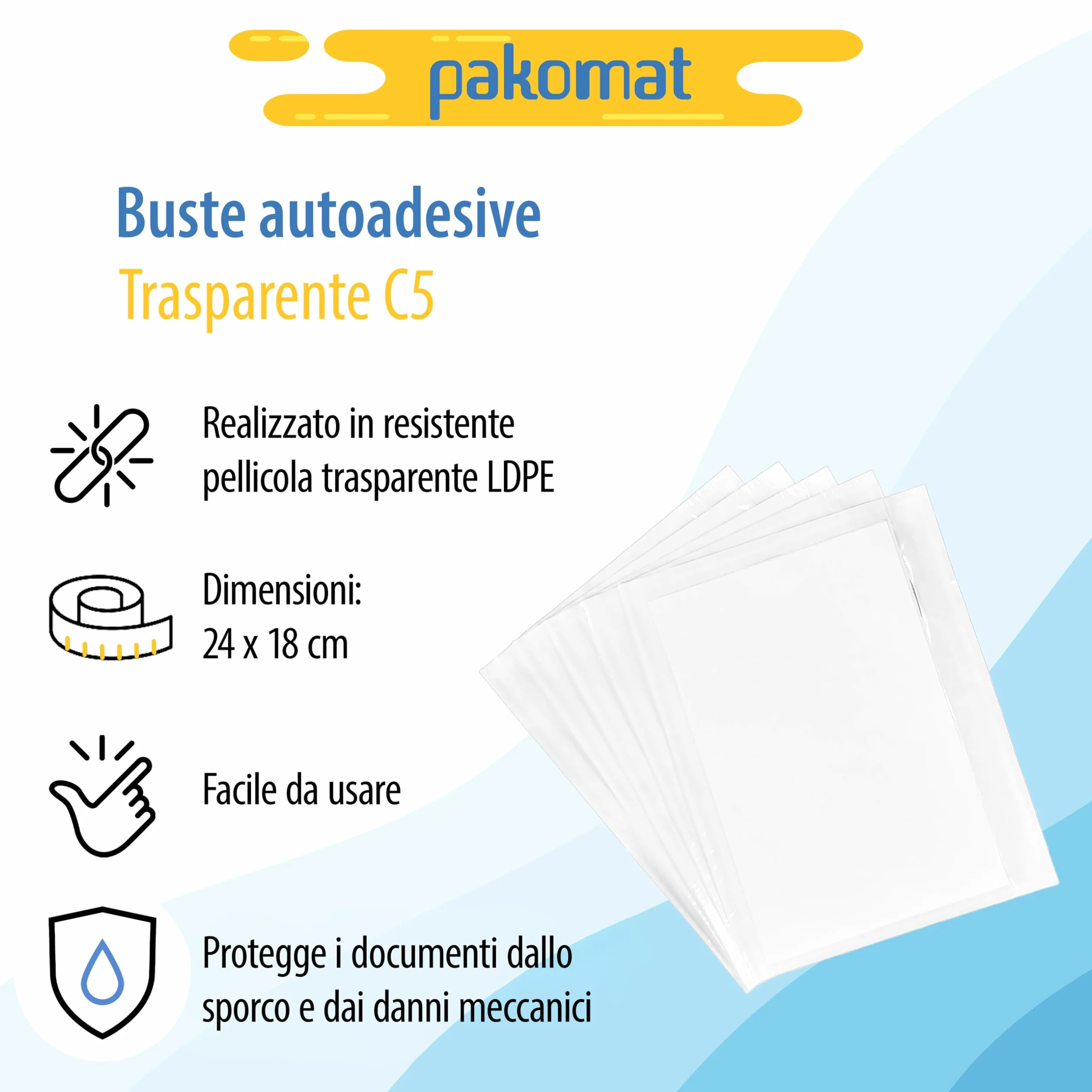 Pakomat Buste portadocumenti DIN C5 per formato A5, trasparenti autoadesive (500)