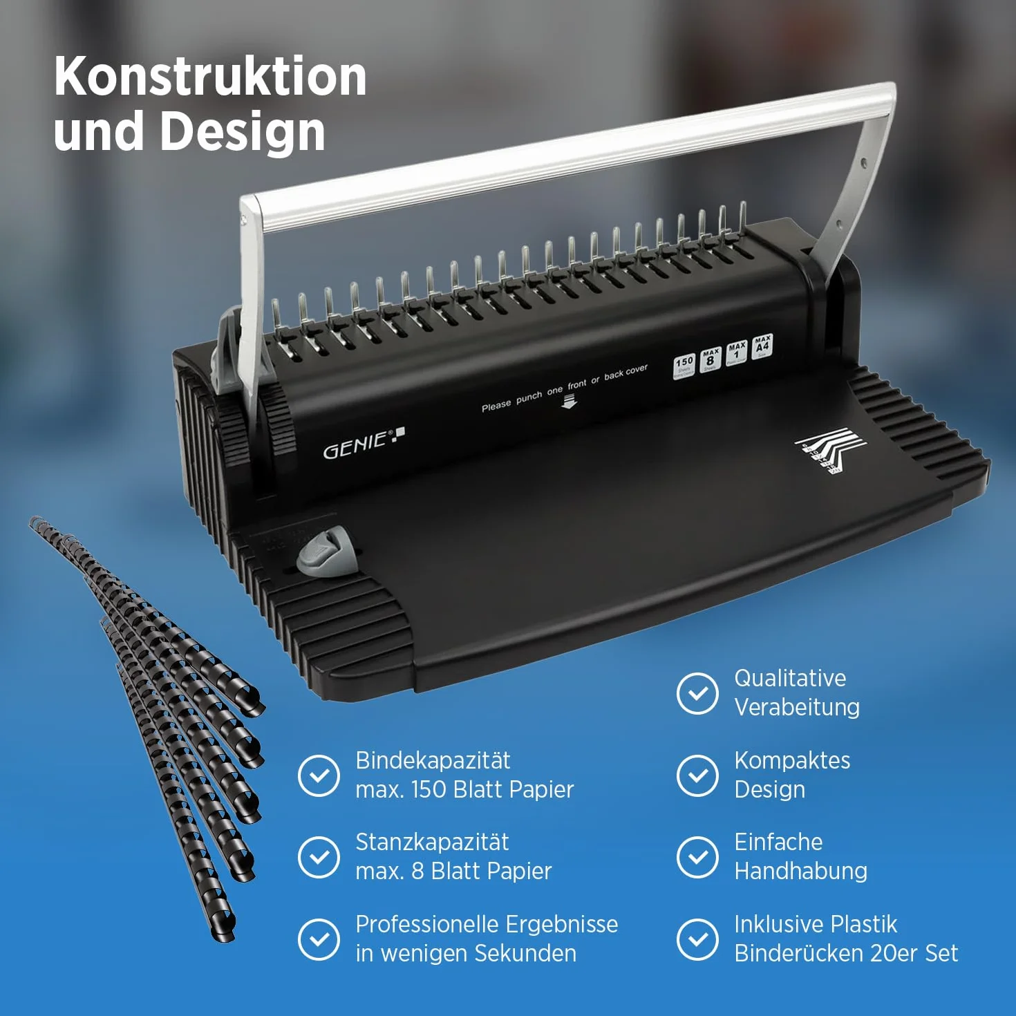 GENIE CB 820 - Rilegatrice a spirale, 38 cm, con 20 rilegatrici, rilegatura a spirale fino a 150 fogli, con funzione di punzonatura per 8 fogli, rilegatura a spirale per scuola, ufficio e casa