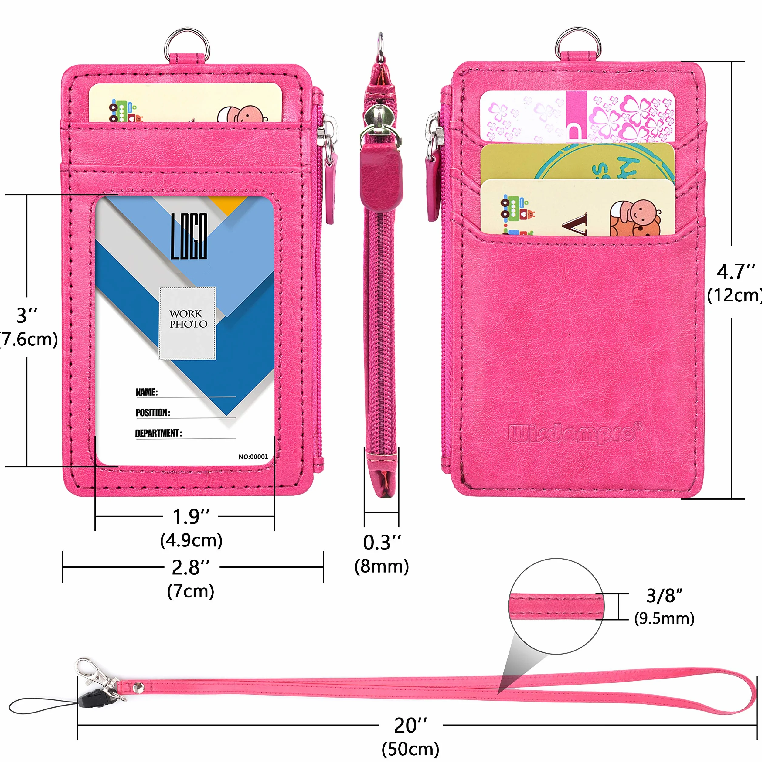 Wisdompro Porta Badge da Collo con Cerniera, 50 cm Portachiavi, 4 Slot, Finestra Trasparente, Rosa Caldo