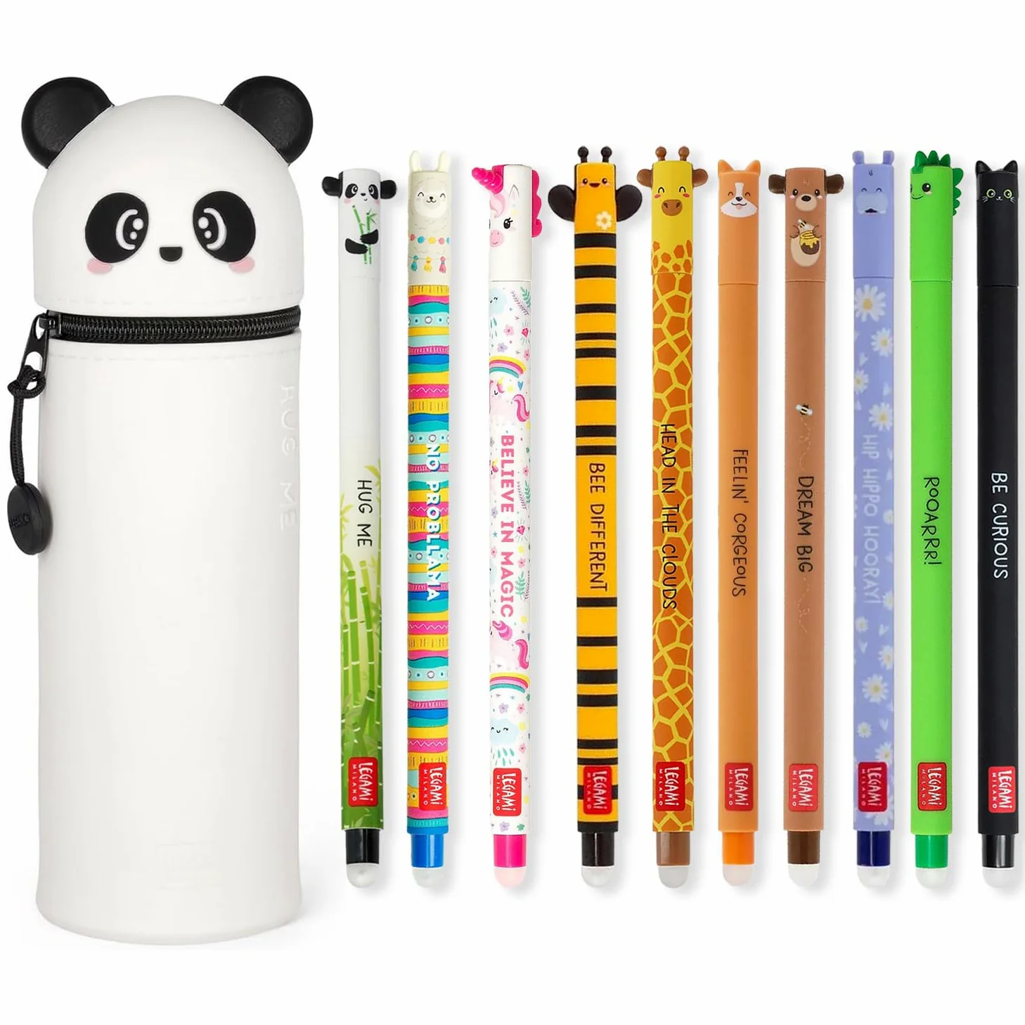 LEGAMI - Confezione da 10 penne gel cancellabili + astuccio Panda 2 in 1 con inchiostro termosensibile cancellabile, inchiostro colorato e vari disegni del corpo, punta da 0,7 mm