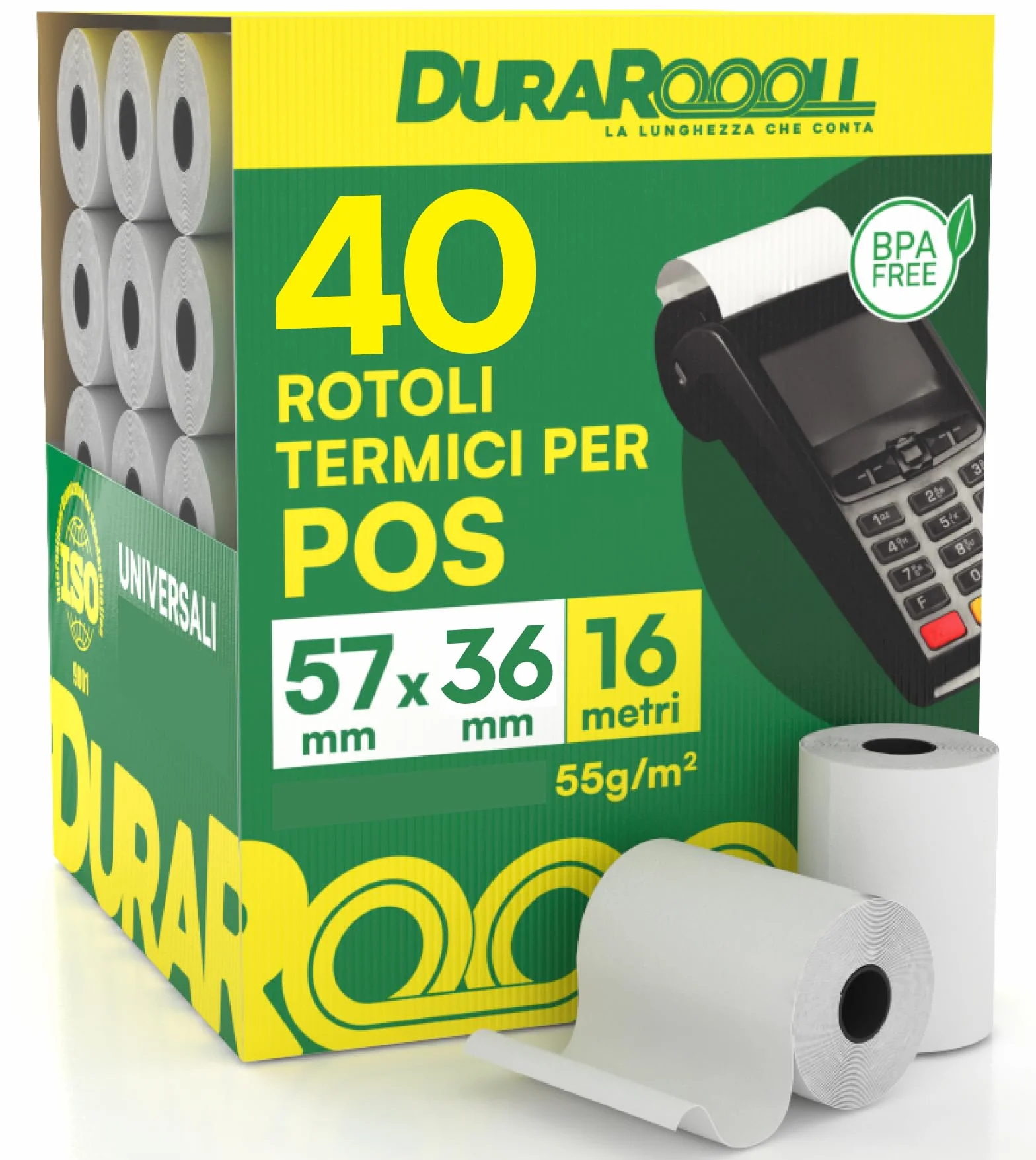 DuraRoooll 40 Rotoli Carta Termica POS 57x36mm 16m Compatibile Nexi SumUp Pax Axerve Ingenico Smart POS