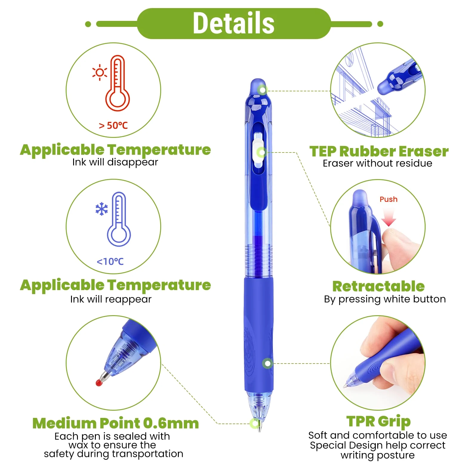Set di 12 penne cancellabili, penne gel con gomma, confezione da 12, penne a sfera, penne cancellabili fine da 0,7 mm per un'esperienza di scrittura fluida, perfette per scuola, ufficio e