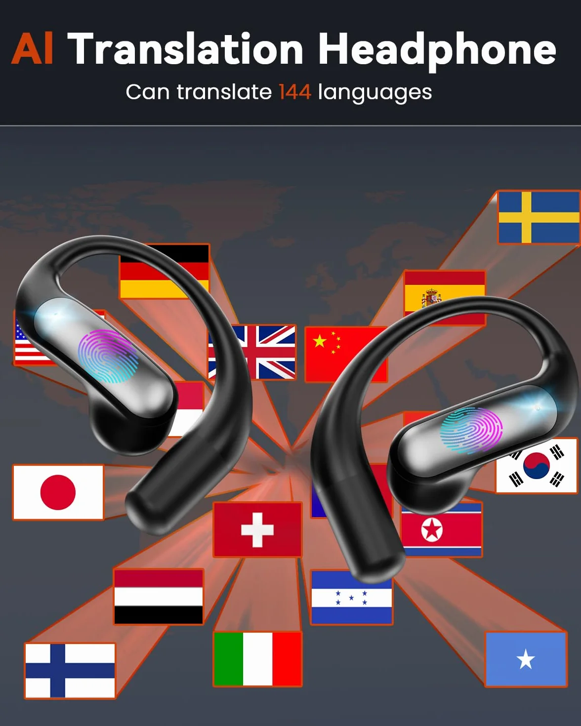 ANSTEN AI Cuffie Traduzione Simultanea, 4-in-1 Traduttore Vocale Istantaneo Multilingue 144 Lingue, 7 Modalità Traduzione, Codice di Autorizzazione Permanente, Cuffie Bluetooth per Viaggi/Affari