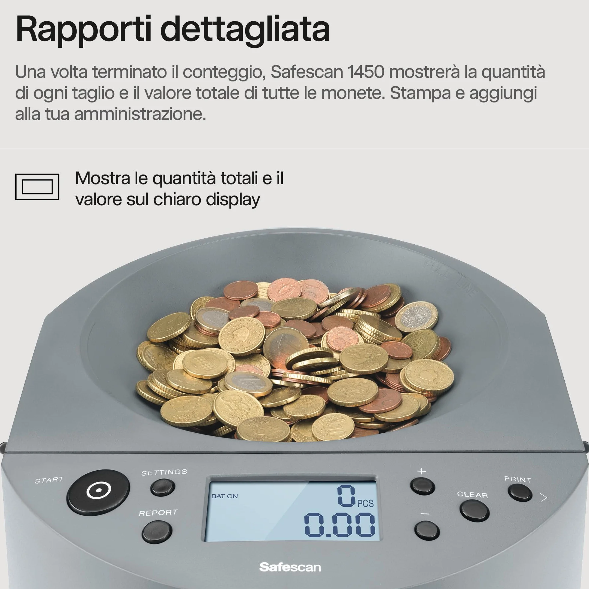 Safescan 1450 Contamonete che conta e smista velocemente grandi volumi di monete miste in euro - Contamonete che smista le monete per taglio - Contamonete per il conteggio continuo delle monete